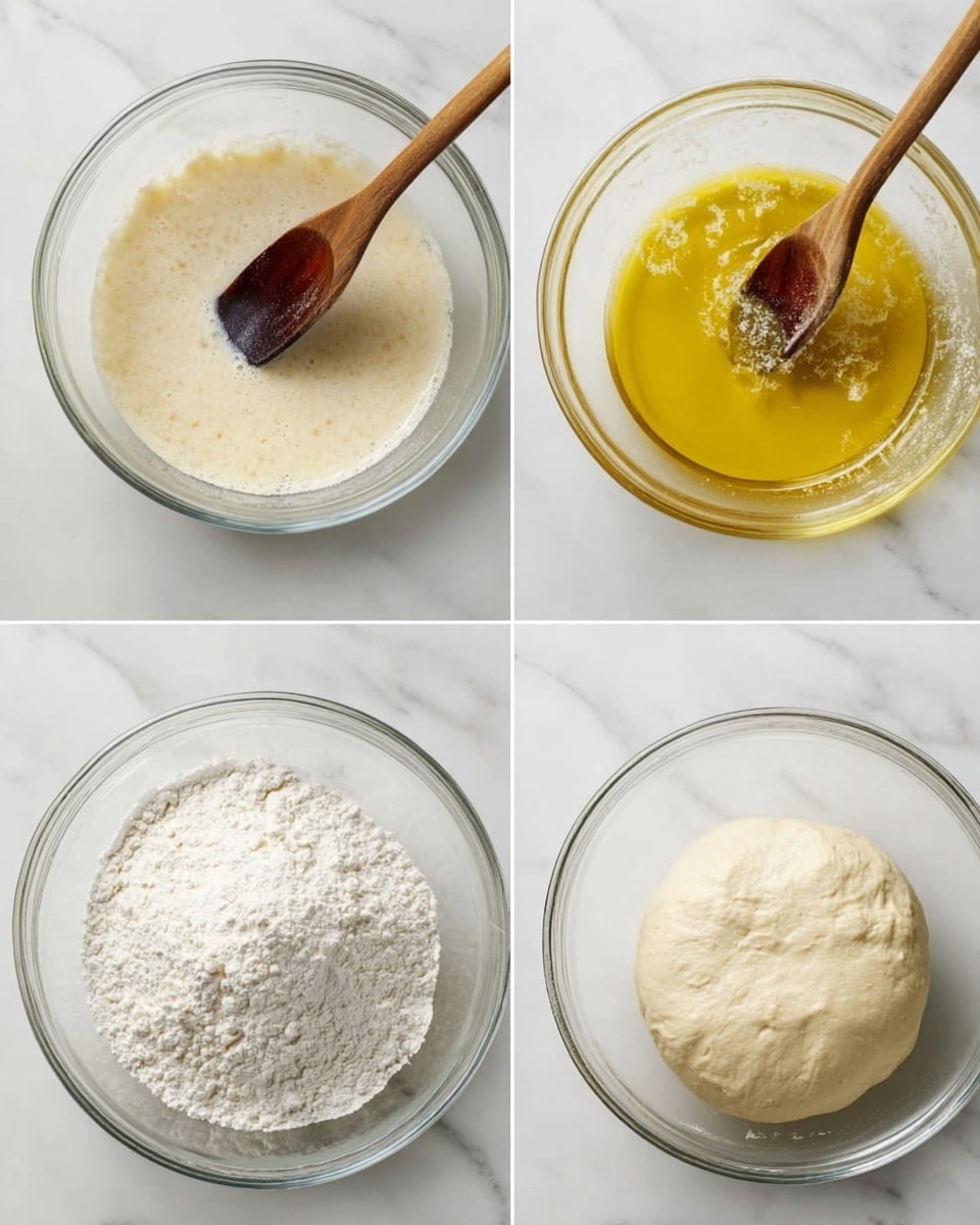 A series of four images show stages of dough making in a clear glass bowl on a white marbled surface. The first image has a creamy liquid base with a dark brown spoon resting in the bowl. The second image shows the liquid mixed with yellow oil, and a wooden spoon is stirring the liquid. The third image adds a pile of white flour on top of the liquid mixture, the wooden spoon partially covered in flour as it stirs. The fourth image shows the dough formed into a smooth, off-white round ball resting in the bowl. photo taken with an iphone --ar 4:5 --v 7