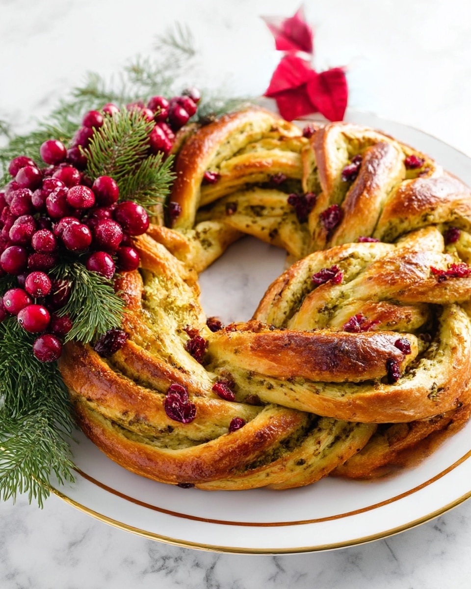 This image shows a round braided bread wreath with three thick layers twisted together, each layer showing a mix of light golden brown and greenish filling with bits of red cranberries scattered inside and on top. The bread is glossy and toasted on the outside with a slightly crunchy texture. Bright red cranberries and green pine sprigs decorate the wreath on the top left side, along with a cluster of large red poinsettia flowers adding a festive look. The dish is placed on a white plate with a thin gold rim, set on a white marbled surface. photo taken with an iphone --ar 4:5 --v 7