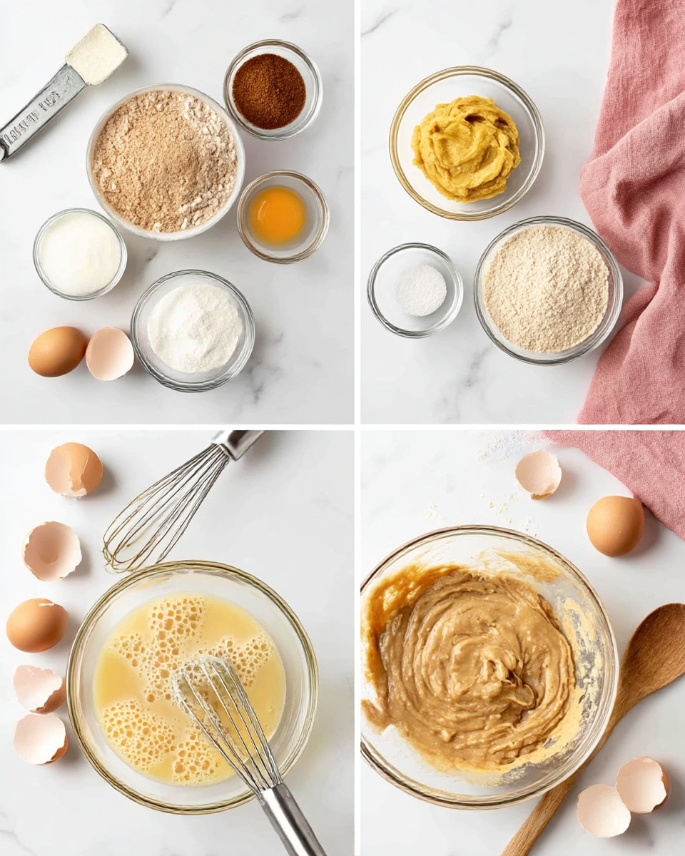 The image shows four photos in a grid on a white marbled surface. In the top left photo, there are bowls and measuring spoons with ingredients including light brown flour, white milk, dark brown sugar, creamy peanut butter, mashed yellow banana, a brown egg, and vanilla in small glass bowls. The top right photo has a clear glass bowl filled with dry light brown flour and a small glass bowl of vanilla nearby, with a metal whisk beside the bowl. The bottom left photo shows a clear bowl with beaten eggs and some bubbles, with a metal whisk inside, surrounded by cracked eggshells, mashed banana, and peanut butter bowls. The bottom right photo displays a clear bowl with a mix of wet and dry ingredients partially combined, including a light brown batter with visible flour patches, with a wooden spoon on the surface and eggshells scattered nearby. A soft pink cloth is partially visible on the top right in all photos. Photo taken with an iphone --ar 4:5 --v 7