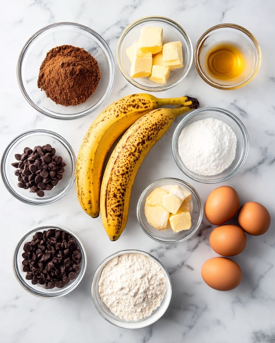 The image shows ingredients neatly arranged on a white marbled surface. There are two ripe bananas with brown spots lying in the center, surrounded by several small clear glass bowls holding different ingredients: one with dark brown cocoa powder, one with white sugar, one with three yellow cubes of butter, one with brown sugar, one with white flour, and one with small white baking soda. There is also a white bowl filled with dark chocolate chips and three brown eggs placed directly on the surface. A small clear bowl with a golden liquid, likely vanilla extract, is positioned near the top right. The layout is tidy and well-spaced, with all ingredients clearly visible. photo taken with an iphone --ar 4:5 --v 7