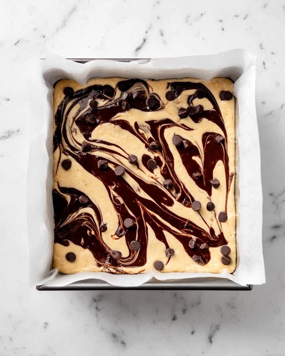 A square baking pan lined with white parchment paper holds a creamy light beige batter base with dark brown chocolate swirls spread across the top. The chocolate swirls are thick and spread in curvy patterns, creating a marbled effect. Scattered on the surface are small, round, dark brown chocolate chips adding texture. The pan is placed on a white marbled surface. photo taken with an iphone --ar 4:5 --v 7