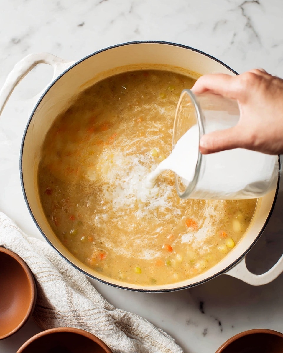 A large white pot filled with a thick soup that has a light brown color with bits of orange and green vegetables visible inside, and a woman's hand pouring a white creamy liquid from a clear glass cup into the soup, creating a swirling pattern on the surface; the pot rests on a white marbled surface with a white and beige striped cloth nearby, along with brown bowls partially shown at the bottom of the image photo taken with an iphone --ar 4:5 --v 7