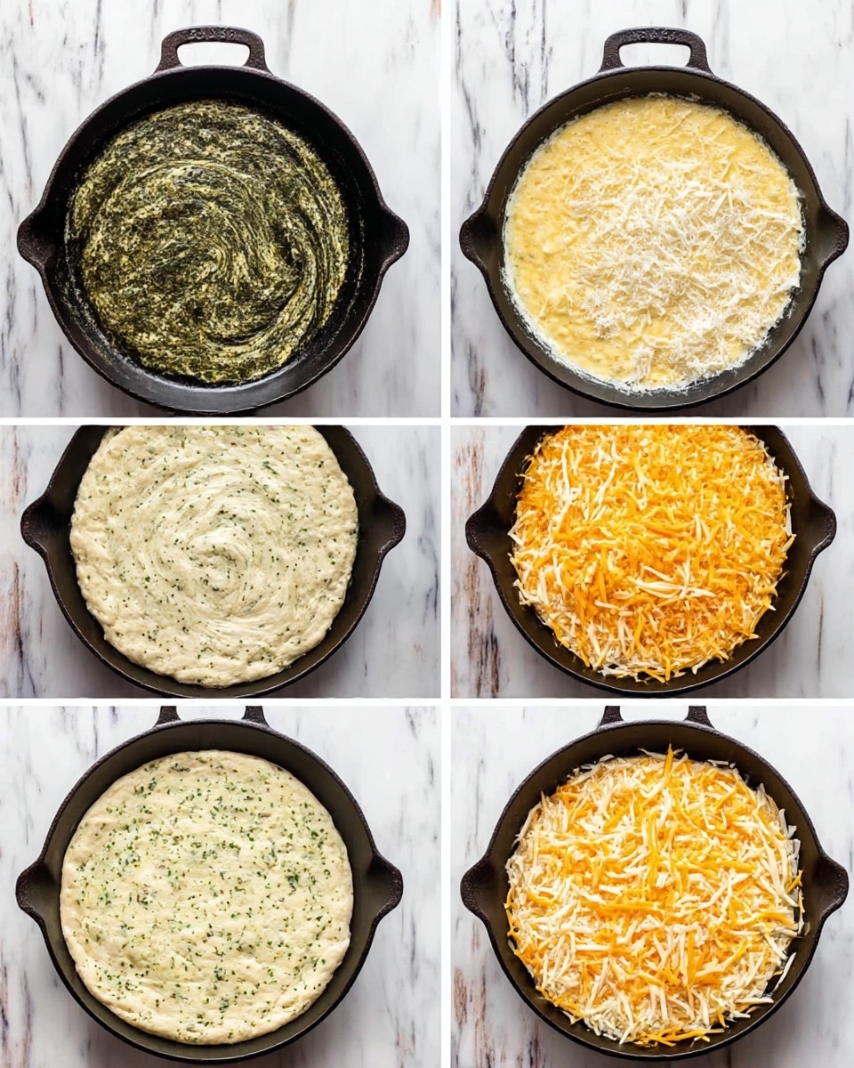 The image shows six square frames arranged in two rows of three, each featuring a white cast iron skillet placed on a white marbled texture. The first frame shows a dark green herb butter melted and spread evenly in the skillet. The second frame has a bubbly, light yellow creamy mixture covering the herb butter layer. The third frame is topped with a thin layer of grated white cheese spread evenly. The fourth frame reveals a thick, pale dough layer with small dark specks, covering the cheese. The fifth frame displays the dough mixed with green herbs, making a speckled light green surface. The sixth frame has a thick layer of mixed shredded cheddar and mozzarella cheese scattered on top, showing both orange and white colors swirling across the skillet. Photo taken with an iphone --ar 4:5 --v 7