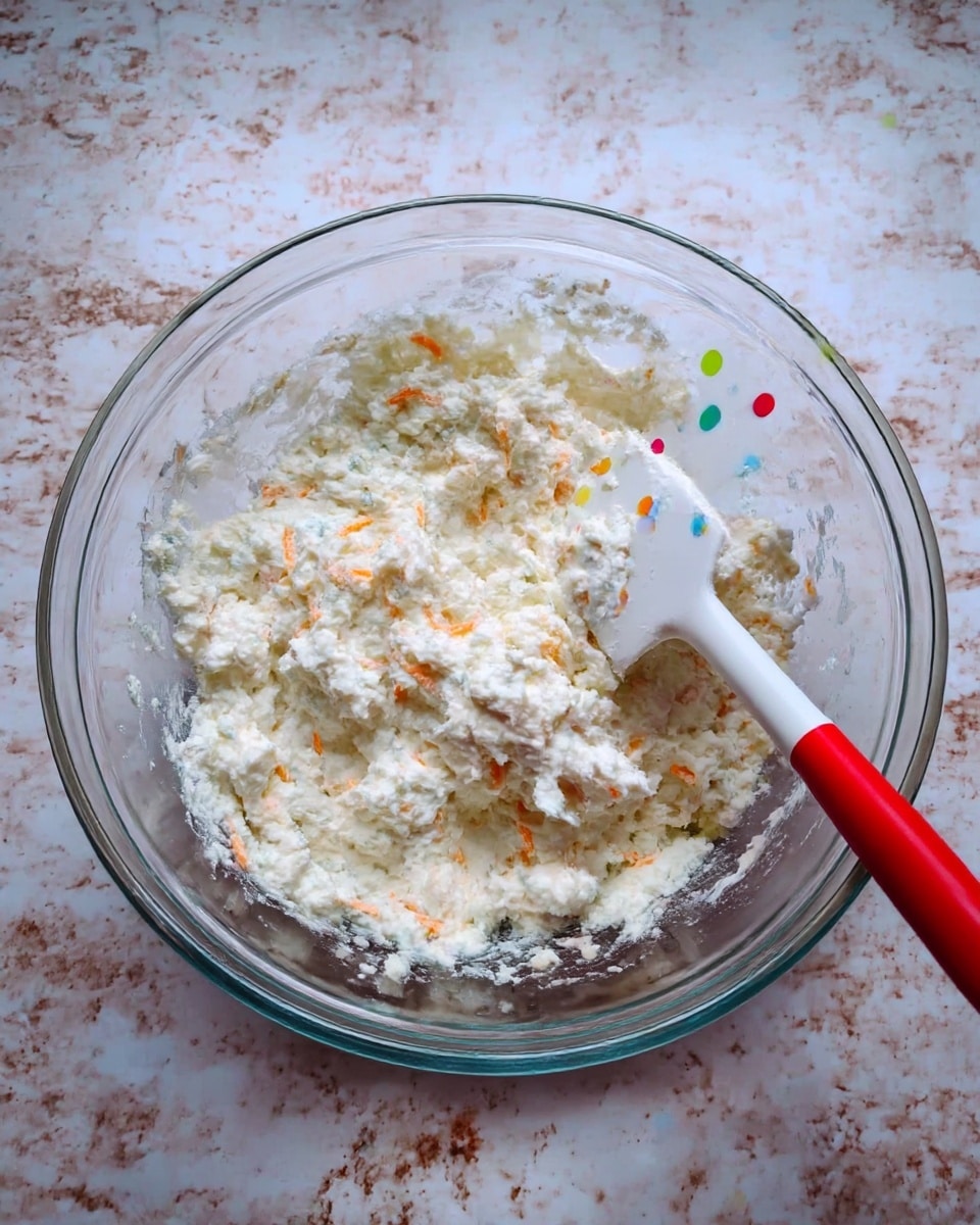 A clear glass bowl filled with a thick, lumpy white mixture that has small orange bits scattered throughout, resting on a white marbled surface. A white spatula with colorful polka dots and a red handle is partially submerged in the mixture on the right side of the bowl. Photo taken with an iphone --ar 4:5 --v 7