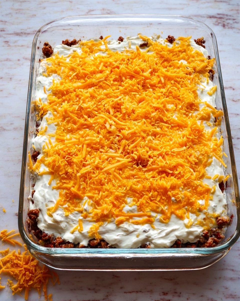 The image shows a clear rectangular glass baking dish filled with a layered dish. The bottom layer looks like cooked ground meat with a dark brown color, topped with a thick white creamy layer spread evenly above it. On top of the white layer, bright orange shredded cheese is scattered fully, creating a rough textured surface. The dish sits on a white marbled surface, with a small bit of the orange cheese fallen outside the dish at the bottom left corner. Photo taken with an iphone --ar 4:5 --v 7
