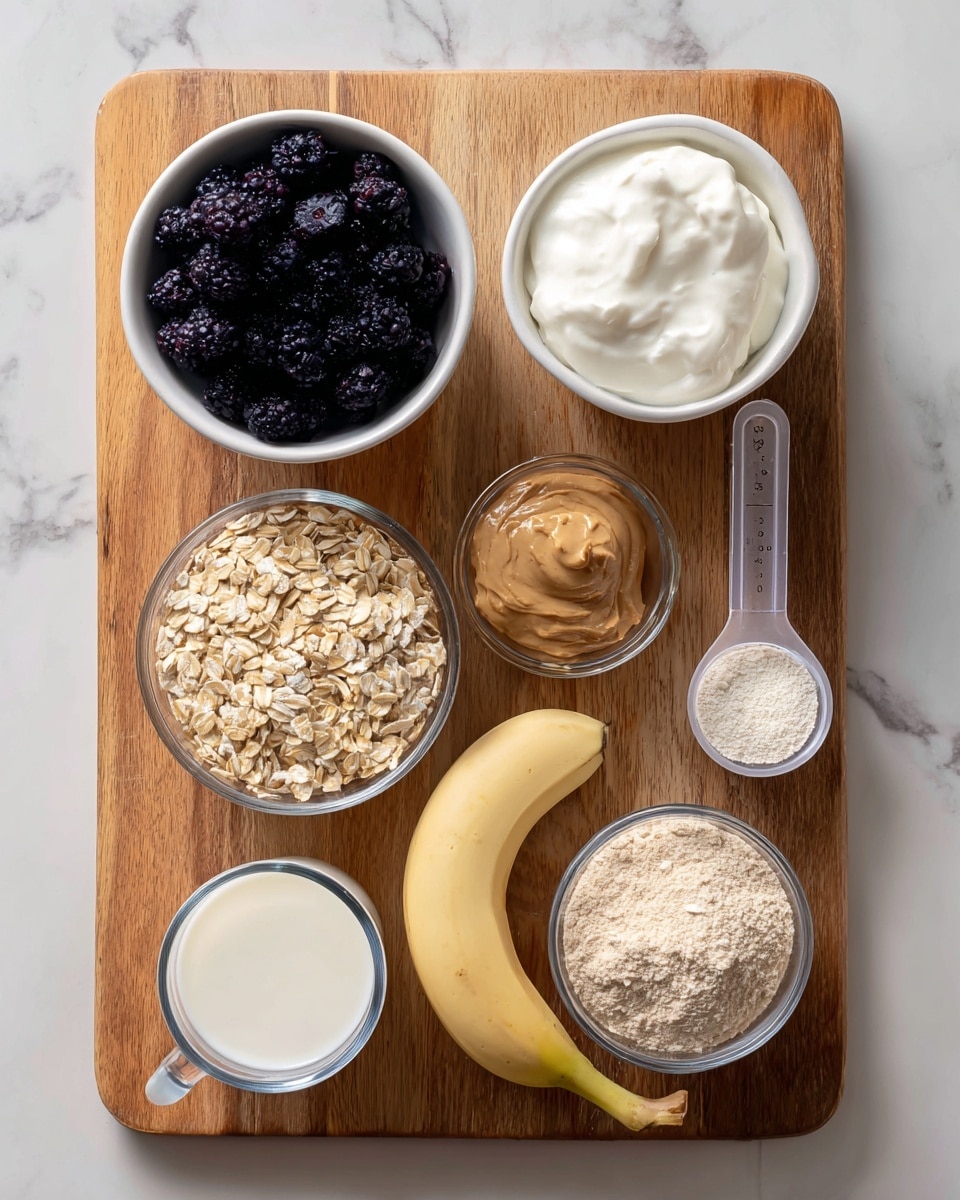 A white bowl holds half a peeled banana resting on the bottom. Nearby, a clear glass bowl is filled with light beige oats, and next to it is a small clear glass bowl of light brown nut butter. A white measuring cup filled with white milk sits at the bottom left, partially on a wooden board with a smooth surface. Above the oats is a wooden spoon holding thick white Greek yogurt. At the top left of the wooden board, a white bowl is full of dark frozen blueberries with a frosty texture. A small clear bowl containing off-white protein powder sits next to the banana bowl. All items are set on a white marbled background. Photo taken with an iphone --ar 4:5 --v 7