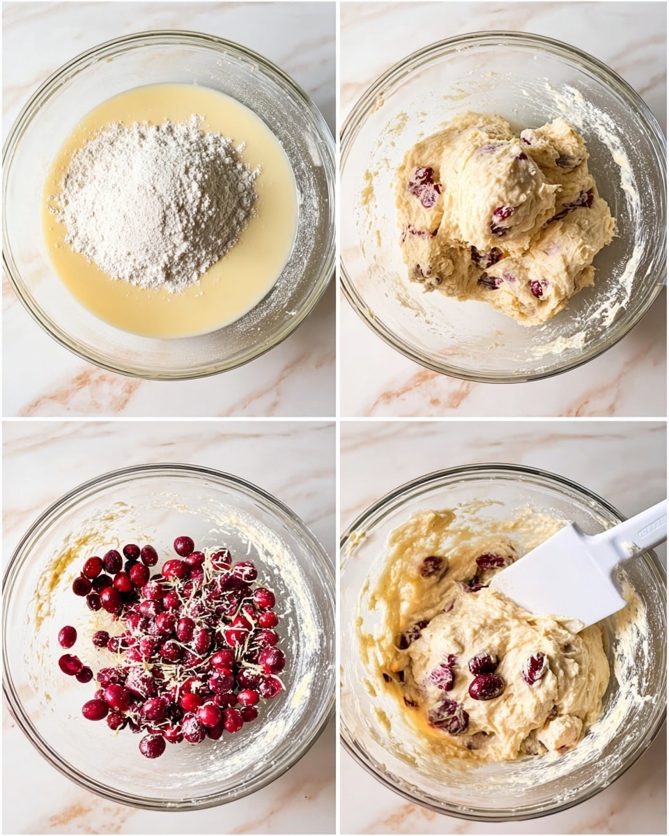 A collage of four images shows the stages of mixing batter in a clear glass bowl placed on a white marbled surface. The first image shows a pool of light yellow batter with a mound of white flour on top. The second image shows the batter mixed into a lumpy pale dough. The third image has the dough with scattered bright red whole and halved cranberries and two spoonfuls of orange zest on the right side. The fourth image shows the dough fully mixed, creamy with bright red cranberries visible throughout, and a white spatula resting inside the bowl. photo taken with an iphone --ar 4:5 --v 7