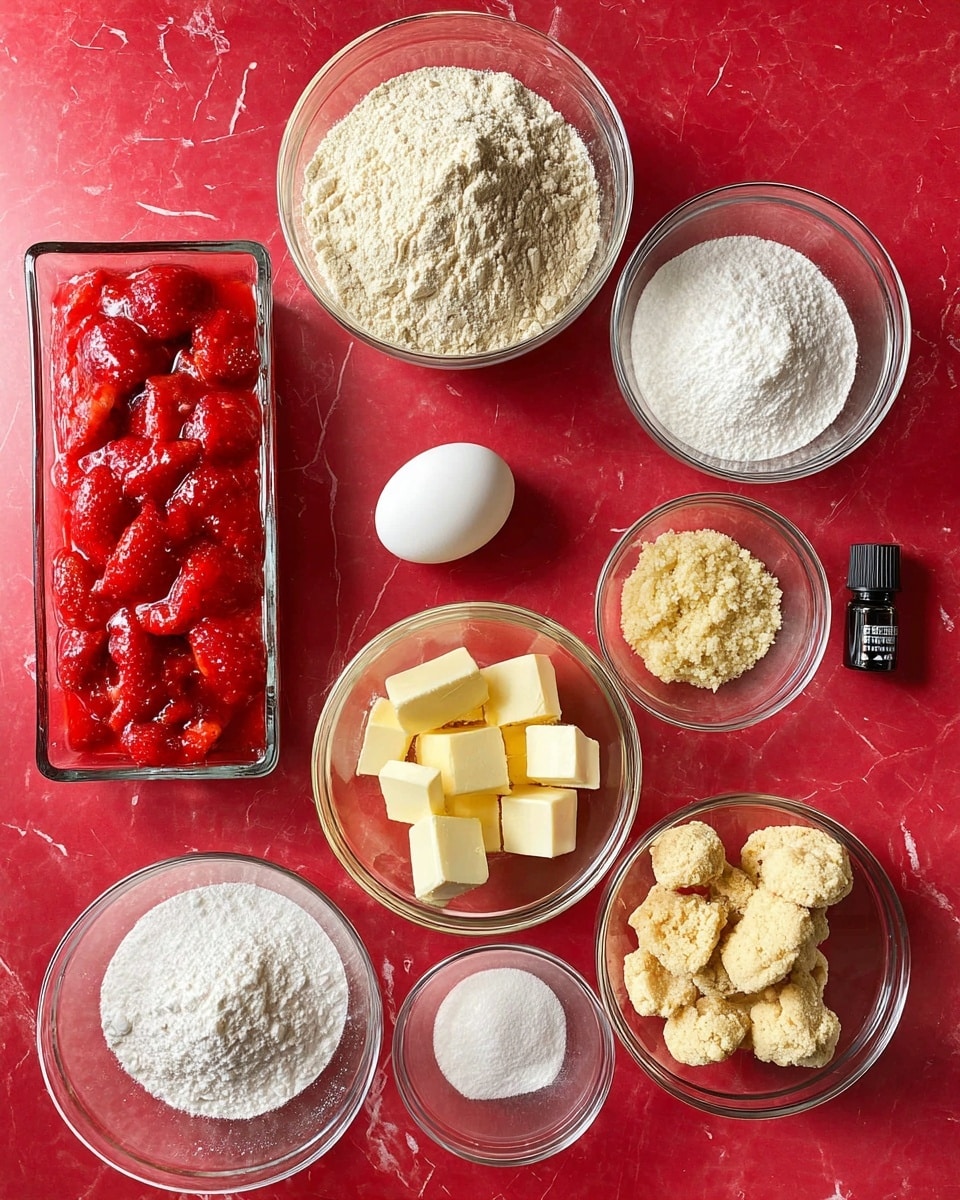 The image shows several clear glass bowls arranged neatly on a bright red surface, which should be imagined as a white marbled texture. There is one large bowl filled with light beige flour at the top center. Surrounding it are smaller glass bowls: one with a white powder mixture, another with pale yellow chunks of butter, one with light brown soft sugar, one with white granulated sugar, and one with crumbly dough pieces near the bottom center. A whole white egg is placed near the middle. To the left, a rectangular glass dish holds a bright red, chunky strawberry mixture. At the bottom right corner is a small black bottle with a dropper lid. Photo taken with an iphone --ar 4:5 --v 7