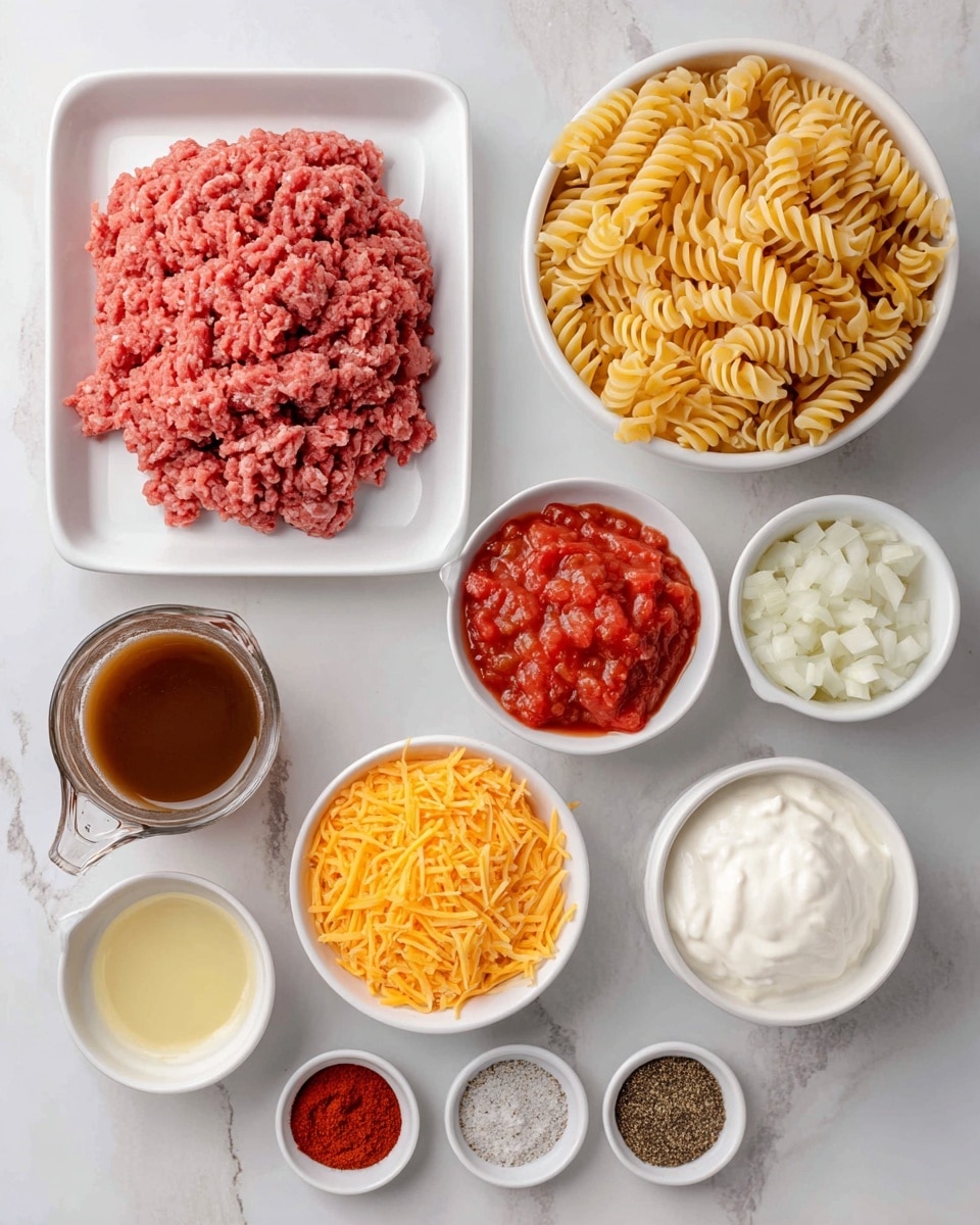 A white tray of raw ground beef with a pinkish-red color is centered in the image. Surrounding it are several white bowls and small dishes on a white marbled surface: a large white bowl of uncooked rotini pasta in a light yellow color at the top right, a medium white bowl of shredded cheddar cheese in a bright orange shade at the top center, and a medium white bowl of chunky red diced tomatoes labeled Rotel at the left center. Next to the tomatoes is a clear measuring cup filled with dark brown broth. On the right middle is a small white bowl of thick, smooth sour cream in white and a small white bowl of chopped white onions. At bottom left is a small white cup of pale yellow oil. Scattered around the bottom center are four small round bowls containing chili powder (deep red), pepper (gray-black), cumin (brown), and garlic salt (off-white). The layout is neat and evenly spaced, set on the clean white marbled background. Photo taken with an iphone --ar 4:5 --v 7