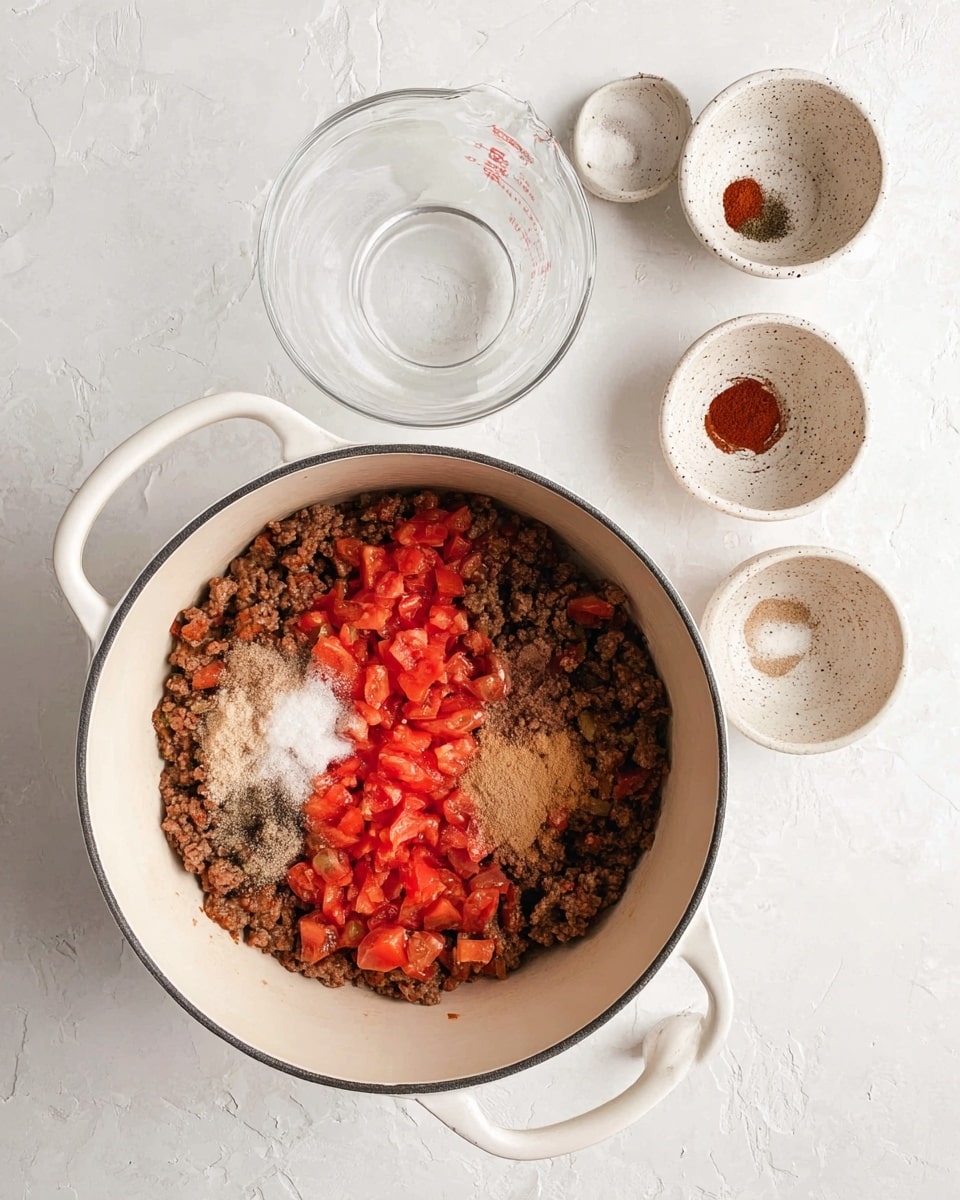 In the white pot with two handles, there is a base layer of cooked ground meat that looks brown and crumbly. On top of the meat, there is a layer of chopped red tomatoes spread in the center. Over the tomatoes, there are different spices sprinkled: a white powder on the left, a dark red powder in the middle, and a light brown powder on the right. The pot sits on a white marbled surface with an empty white bowl to the top left, a clear measuring cup above it, and four small speckled white bowls arranged near the top center and right. Photo taken with an iphone --ar 4:5 --v 7
