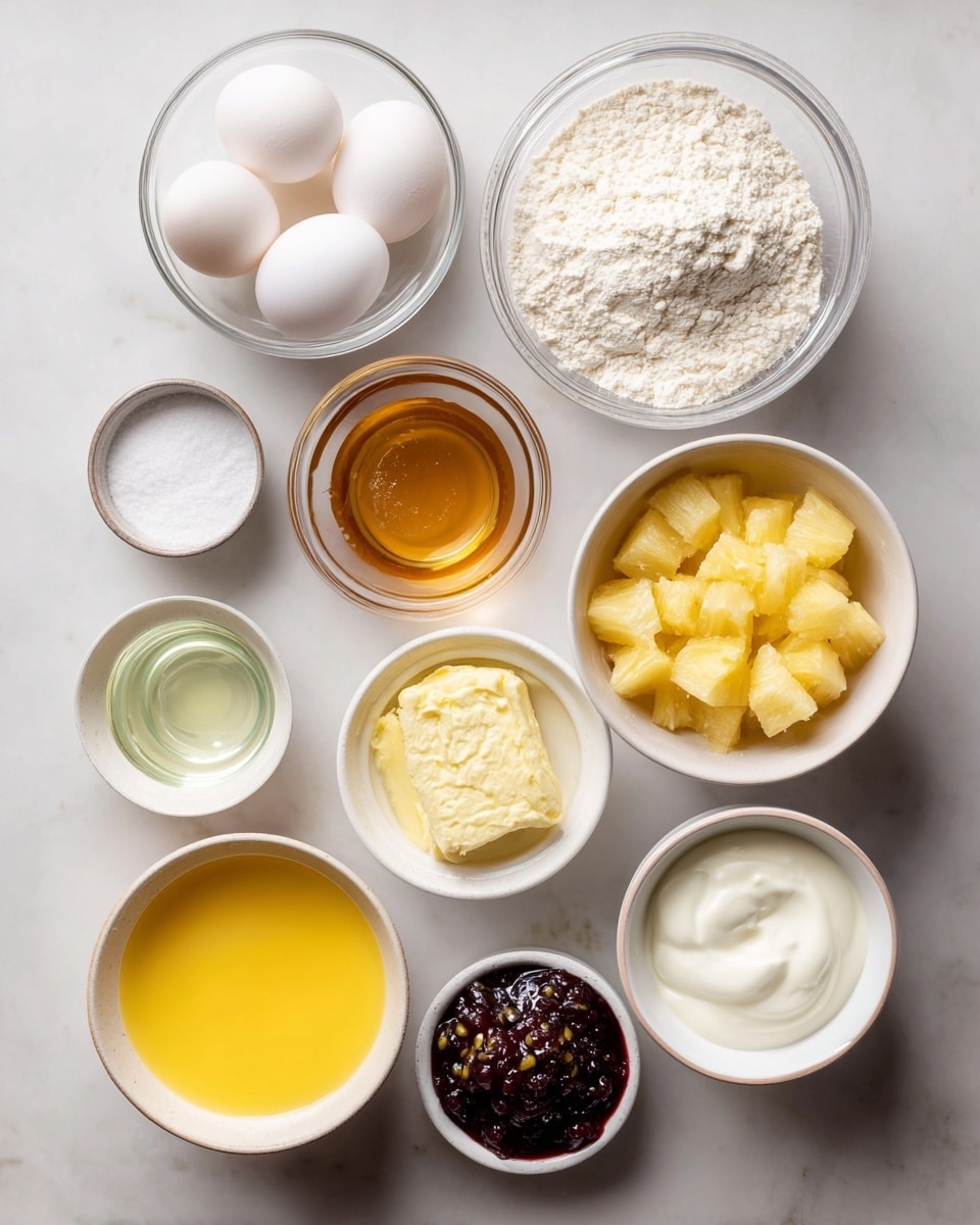 The image shows nine bowls of ingredients arranged neatly on a white marbled surface, viewed from above. Starting from the top left, there is a clear bowl with four white eggs; next to it is a white bowl filled with off-white flour topped with some white powder. To the right, a small clear bowl has light amber liquid, and another small clear bowl holds a transparent liquid. On the left side below the eggs, a small white bowl contains white granulated sugar, and next to it, a white bowl filled with bright yellow melted butter. To the right, a white bowl holds yellow pineapple chunks. Below that on the left, a small white bowl has a light cream liquid, while beside it, a white bowl contains creamy white yogurt. Finally, on the right bottom corner, a white bowl shows a dark red-purple jam topped with yellow passion fruit seeds and pulp. Photo taken with an iphone --ar 4:5 --v 7