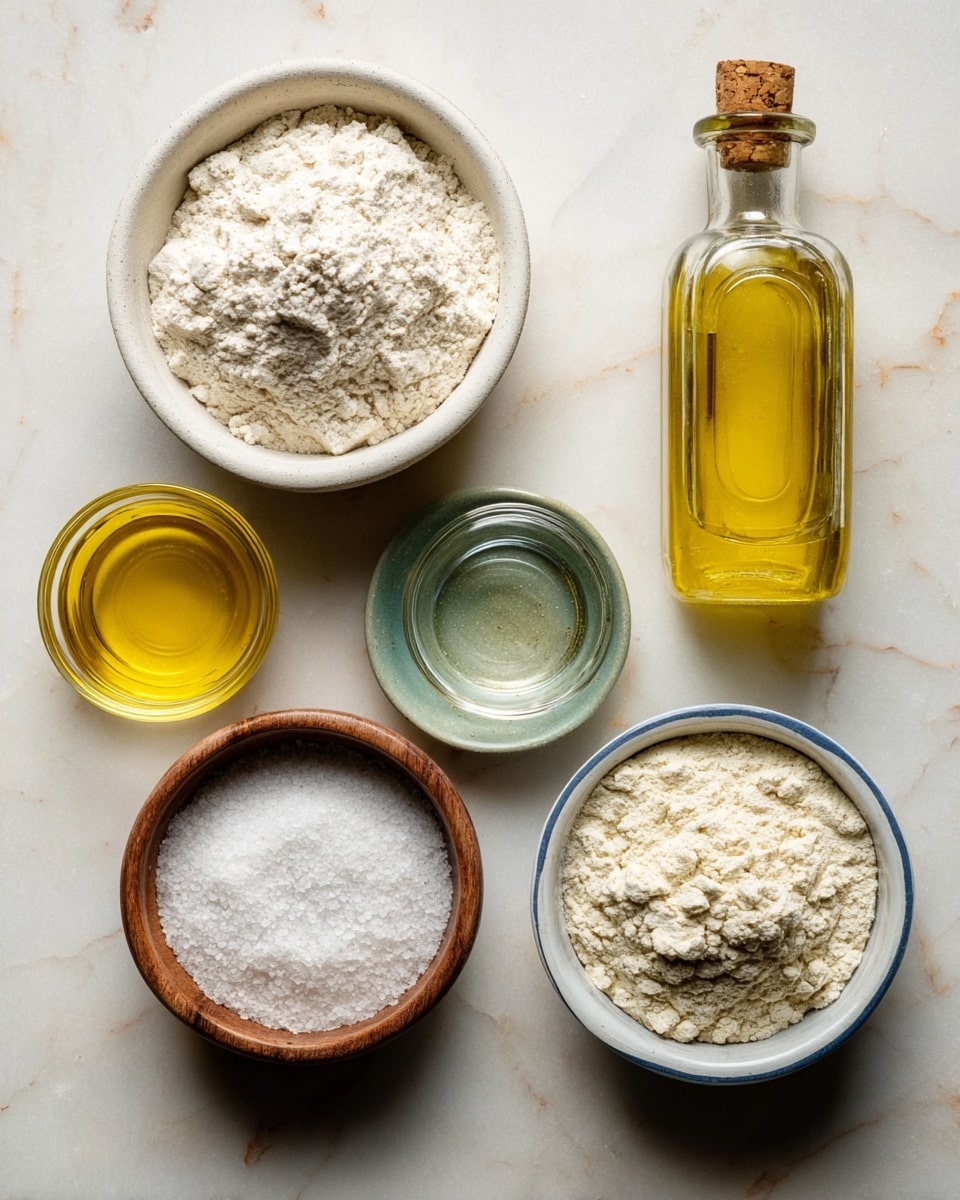 The image shows six containers with baking ingredients placed on a white marbled surface. Starting from the top left, there is a white bowl filled with light flour, next to it on the right is a clear glass bottle with a cork, filled with yellow oil. Below the bottle, there is a small clear glass container holding a transparent liquid. To the bottom left, there is a small clear glass bowl with golden yellow oil. In the middle, there is a small round wooden bowl containing coarse white salt. Finally, at the bottom right, a white bowl with a blue rim holds more light flour, and a smaller white bowl with a hint of green rim holds a coarser flour-like powder. The setup is neat and bright, emphasizing natural textures and colors. photo taken with an iphone --ar 4:5 --v 7
