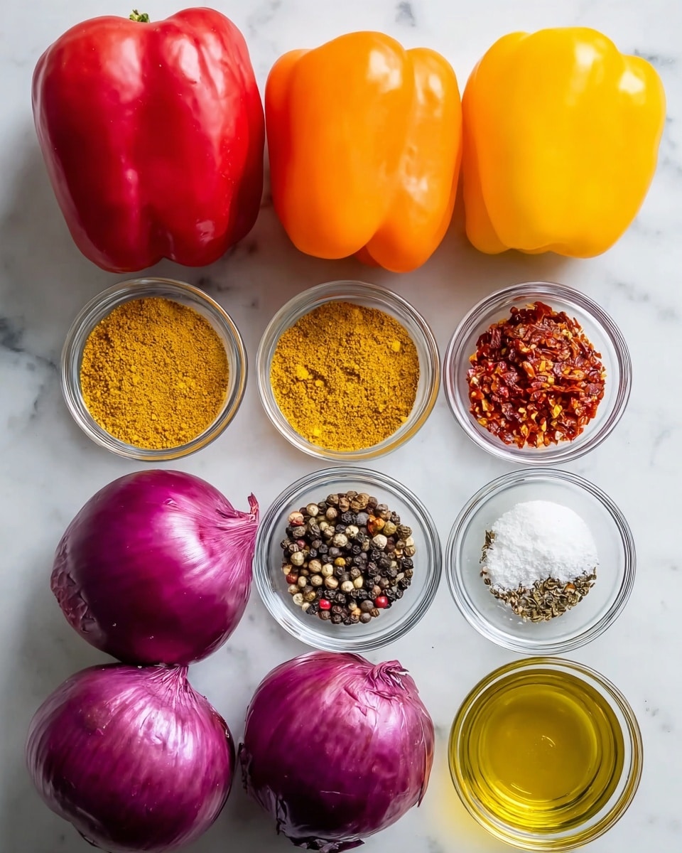 The image shows three whole bell peppers placed in a row at the top: one red on the left, one orange in the middle, and one yellow on the right. Below the peppers, there are six small clear glass bowls arranged in two rows: the top row has three bowls filled with yellow curry powder on the left, red chili flakes in the middle, and a mix of salt and whole black peppercorns on the right. The bottom row has two whole purple onions on the left and one bowl of golden olive oil on the right. All the items are placed on a white marbled surface. photo taken with an iphone --ar 4:5 --v 7