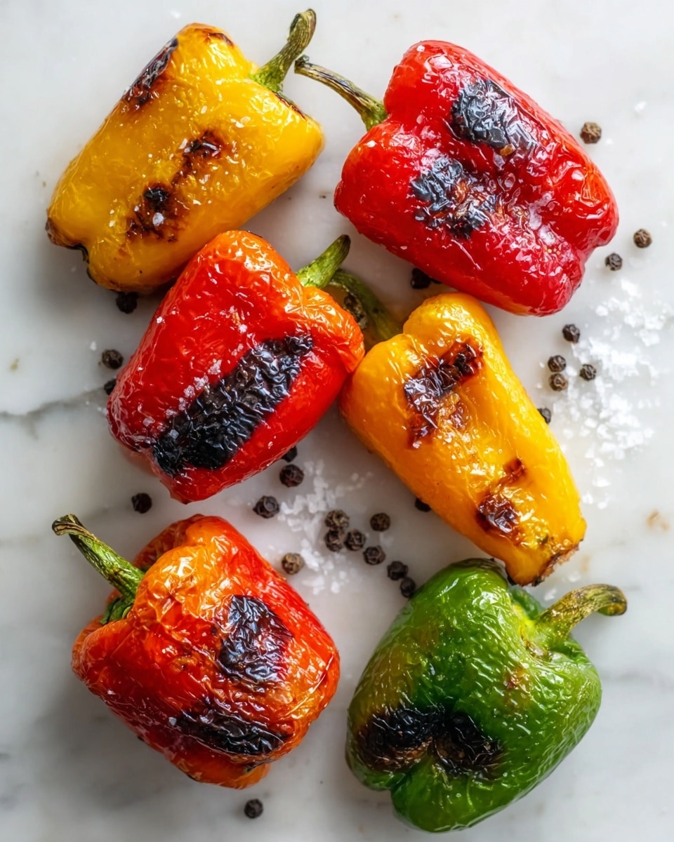 The image shows six grilled mini bell peppers arranged on a white marbled surface. The peppers have a slightly wrinkled, shiny texture with parts of their skin charred and blackened from grilling. There are three red peppers, two yellow peppers, and one green pepper, all scattered without a specific order. Coarse salt crystals and some black peppercorns are sprinkled around the peppers, enhancing the visual appeal. The light reflects off the peppers, highlighting their glossy skins and the contrast between the bright colors and the dark charred spots. Photo taken with an iphone --ar 4:5 --v 7