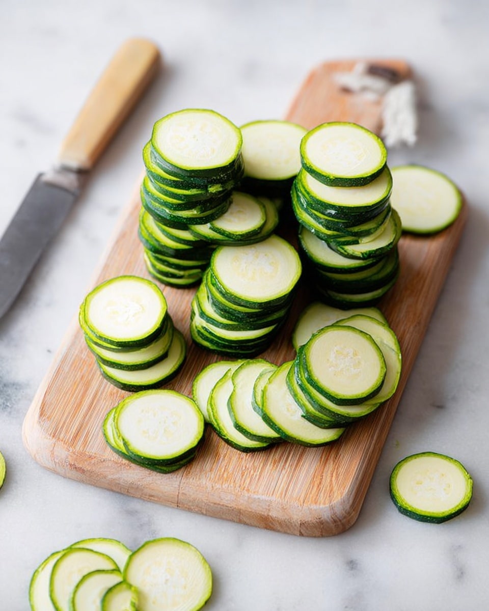 The image shows a wooden cutting board on a white marbled surface with many neatly sliced green zucchini rounds stacked in four piles, each pile showing thin, even slices with light green centers and darker green edges. There are some loose slices scattered around the board. A sharp knife with a light wooden handle is placed to the left side of the board. The light is soft and natural, highlighting the fresh texture of the zucchini. photo taken with an iphone --ar 4:5 --v 7