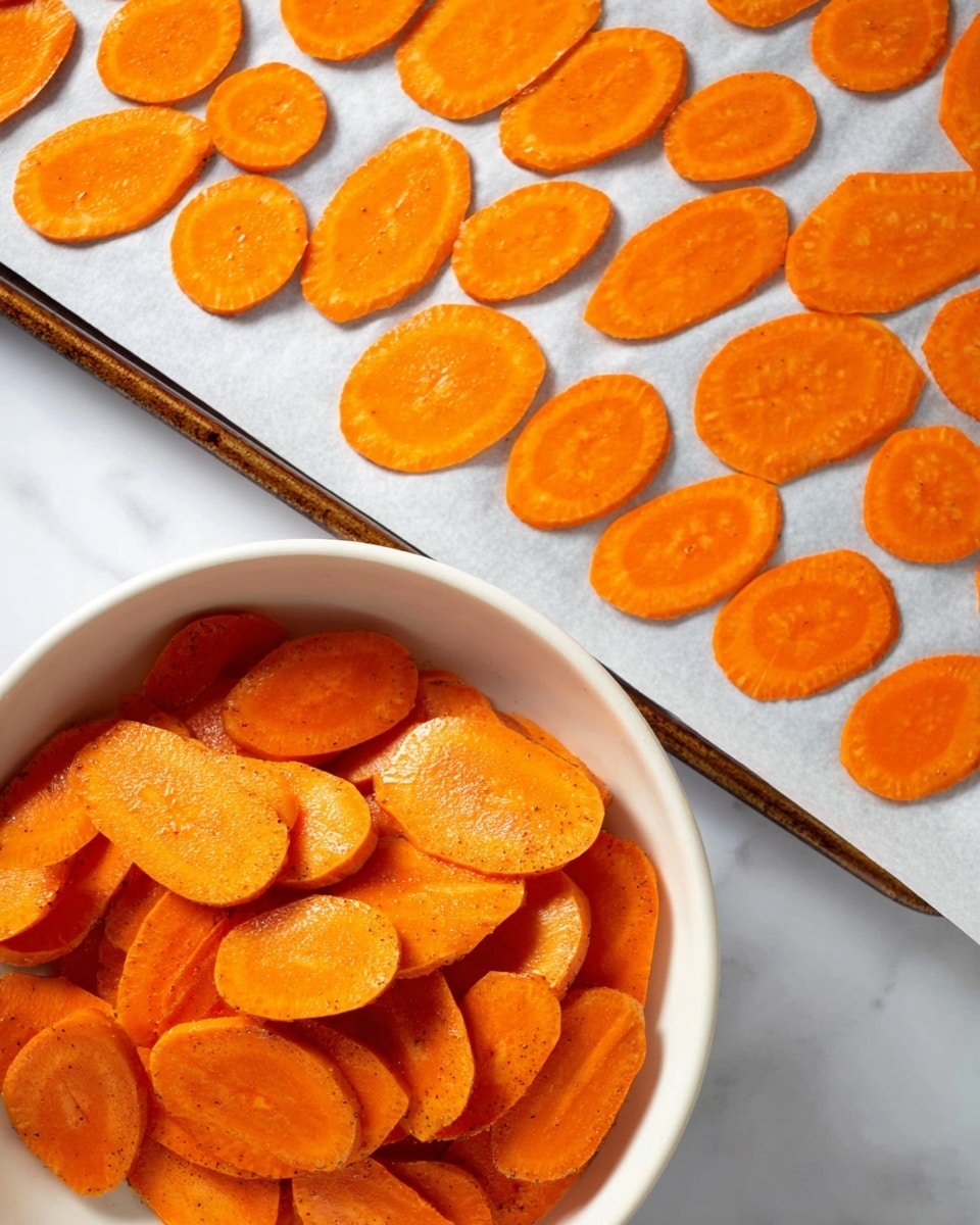 The image shows thin orange slices of sweet potato arranged in neat rows on a white parchment paper lined tray, ready for baking. Next to the tray, a large white bowl filled with more thin, shiny orange slices is positioned on a white marbled surface. The slices have a slightly oily texture with a hint of seasoning visible. The overall scene is bright and clean with a focus on the vibrant orange color and smooth texture of the slices. Photo taken with an iphone --ar 4:5 --v 7