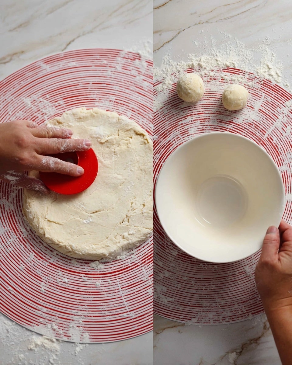 The image shows two stages of rolling and shaping dough on a white marbled surface with a red circular measuring mat underneath. On the left side, a woman's hand holds a red cutter and is trimming dough around a large circular outline, with two small dough balls nearby on the top right. On the right side, a woman's hand is lifting a white inverted bowl placed on the dough to create a perfect circle shape. The dough is light beige and has a slightly uneven texture, with flour dusted around the working area. Photo taken with an iphone --ar 4:5 --v 7