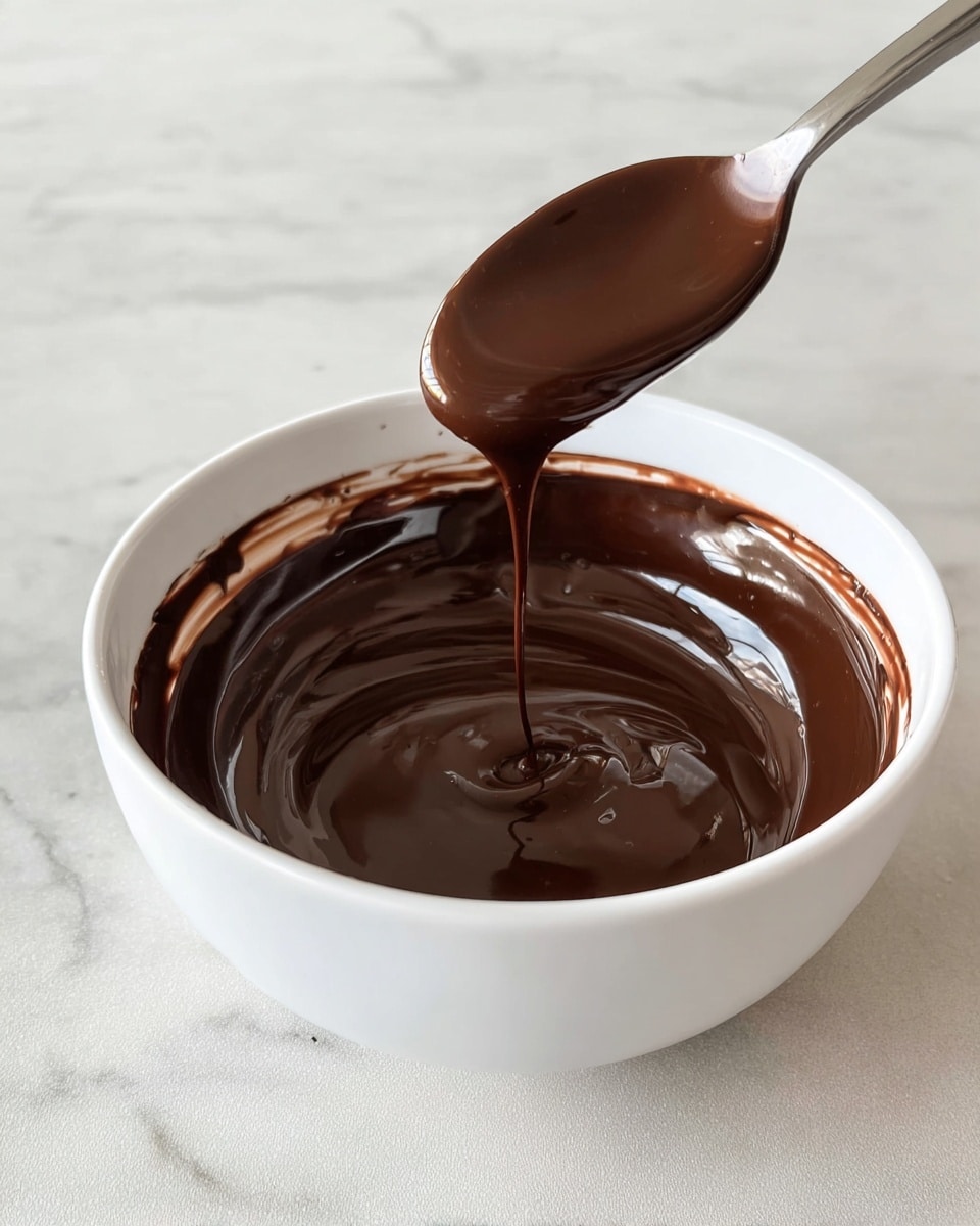 A white bowl filled with smooth, shiny dark brown melted chocolate that has a rich, thick texture. A metal spoon is lifting some chocolate, showing its glossy surface as it drips slowly back into the bowl. The bowl sits on a white marbled surface, and some chocolate stains the inside edge of the bowl near the rim. Photo taken with an iphone --ar 4:5 --v 7