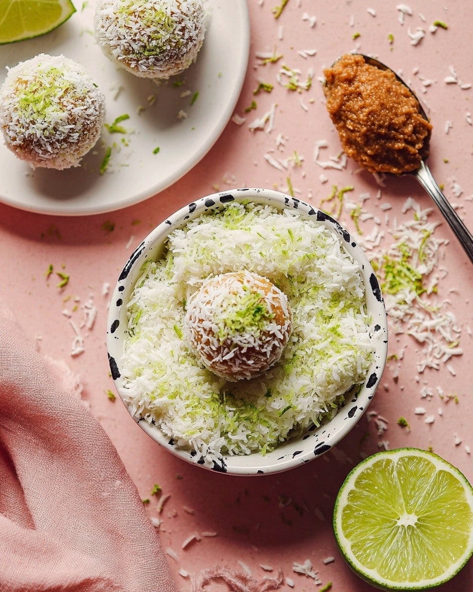 The image shows three small round dessert balls covered in white shredded coconut and green lime zest. One ball is inside a small white bowl with black spots, sitting on a layer of shredded coconut mixed with lime zest, which has a fluffy texture. To the right, there is a metal spoon holding a brown textured paste or mixture, close to the bowl. At the top right of the image, there is a half lime with its bright green and yellow interior showing. The balls and bowl are placed on a smooth pink surface with scattered bits of coconut and lime zest around. Another two dessert balls sit on a white plate on the left side of the image. A folded pink cloth is in the lower left corner. photo taken with an iphone --ar 4:5 --v 7