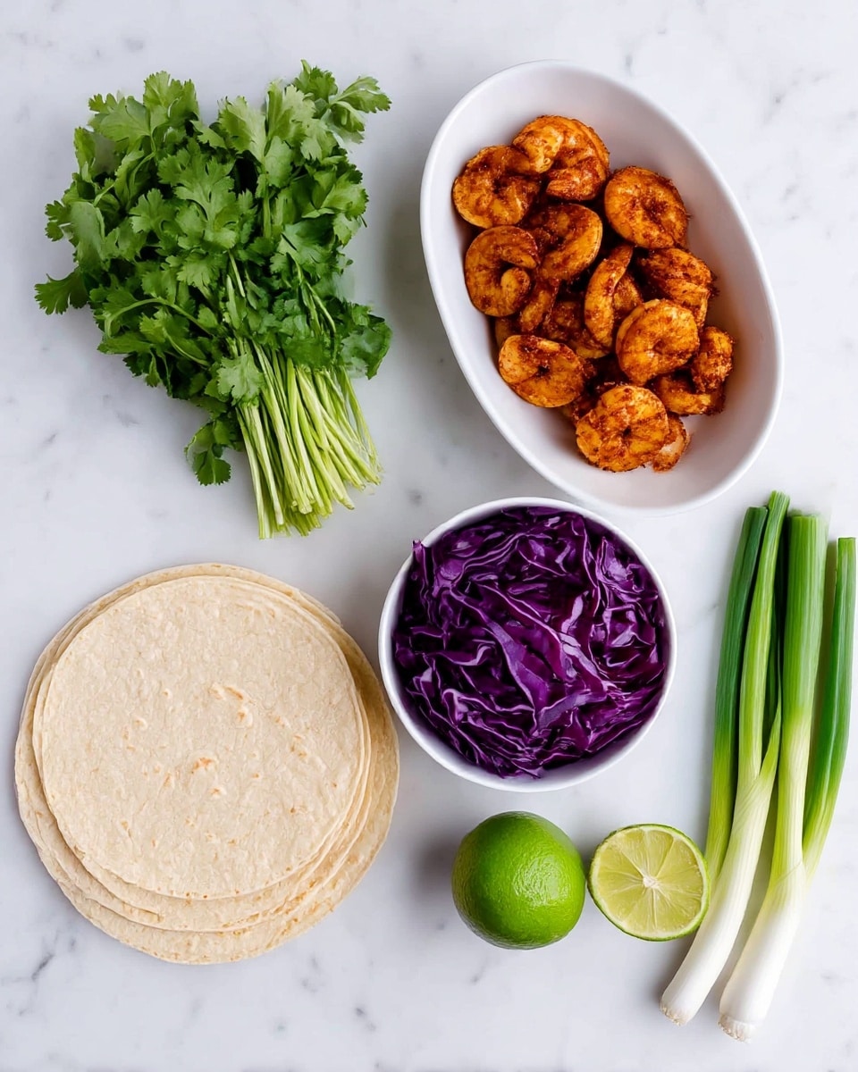 The image shows ingredients for a dish placed on a white marbled surface. On the top left, there is a bunch of fresh green cilantro leaves with long stems. To the right of the cilantro is a white oval bowl filled with cooked shrimp that are reddish-brown from seasoning. Below the cilantro is a white round bowl filled with thinly sliced deep purple cabbage. To the lower right of the shrimp, there is a stack of plain, light beige corn tortillas arranged slightly overlapping. Next to the tortillas, a whole green lime and a lime half with visible segments are placed side by side. On the far right, there are three fresh green onions, white at the base and transitioning to bright green near the tips, laid parallel to each other. Photo taken with an iphone --ar 4:5 --v 7