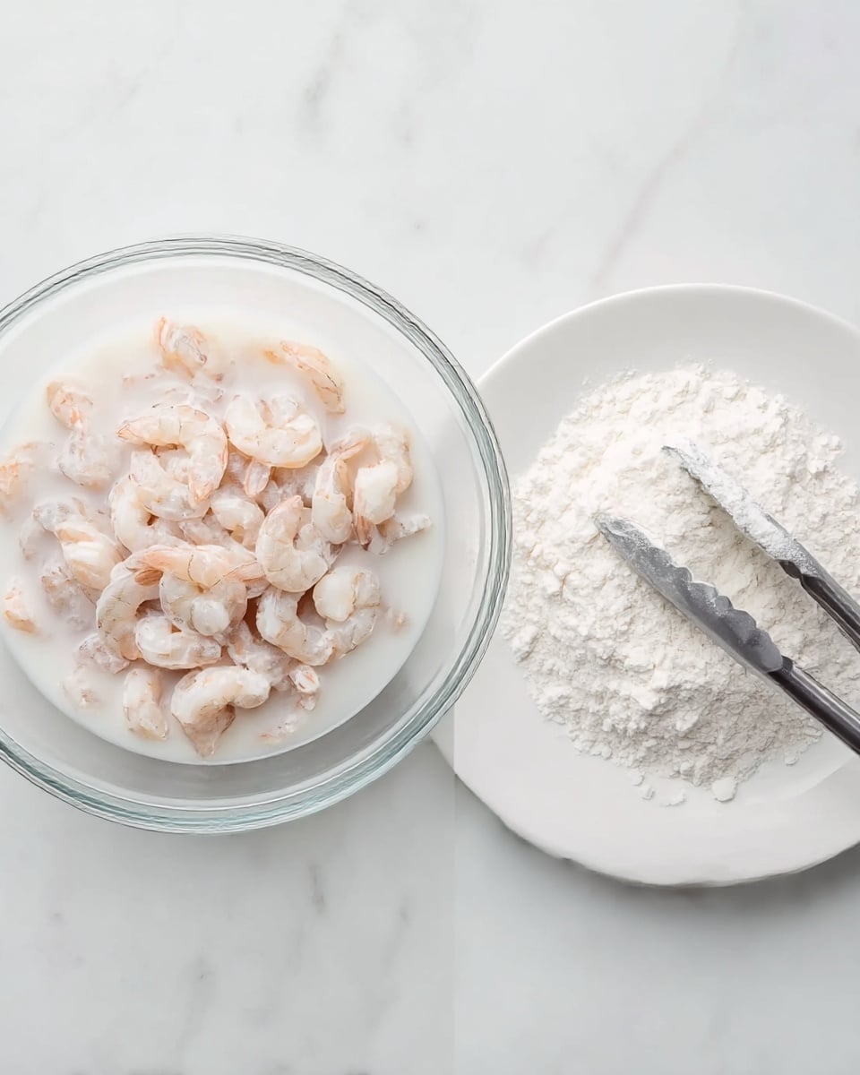 The image shows two side-by-side photos on a white marbled surface. On the left, there is a clear glass bowl filled with small peeled shrimp soaking in a white liquid, which covers most of the shrimp and creates a soft, creamy look. On the right, there is a white plate with a pile of white flour or powder. A silver tong holds some flour above the plate, with the tong slightly open and angled downward into the powder. The overall colors are pale and soft, with the shrimp pale pink and light beige, and the flour a bright white. Photo taken with an iphone --ar 4:5 --v 7