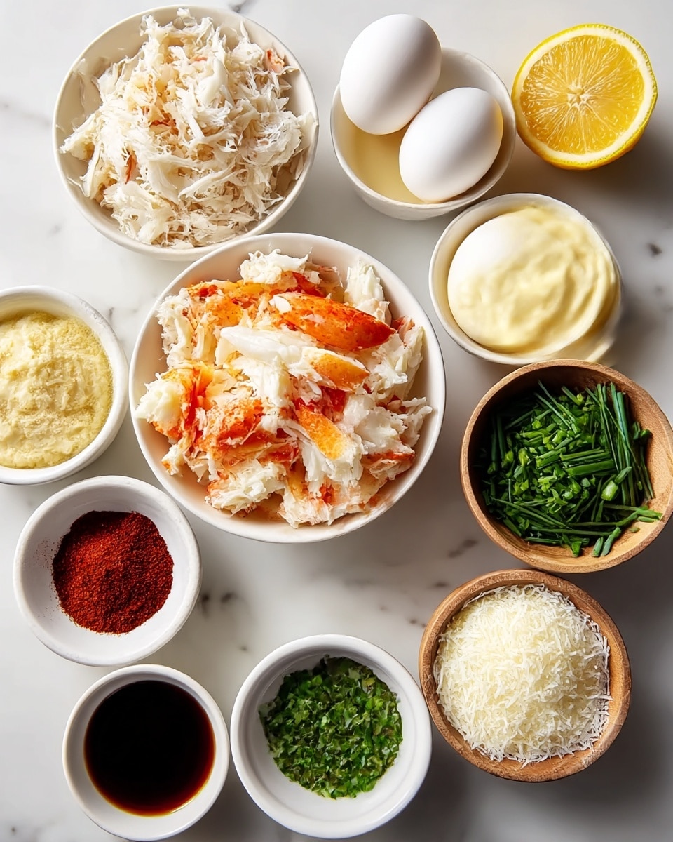 The image shows a top-down view of an arrangement of ingredients on a white marbled surface: in the center is a white bowl filled with white and orange crab meat pieces; to the top left is a white bowl with shredded white crab meat; directly above the crab meat bowl, there are three white eggs next to a half lemon with bright yellow flesh; to the top right is a white bowl of creamy, light yellow sauce; below that bowl is a smaller bowl with chopped green chives; at the bottom right is a wooden bowl filled with fine white grated cheese; at the bottom center is a white bowl holding some melted butter; to the bottom left is a small white bowl with dark brown liquid, possibly soy sauce; next to it on the left is a white bowl of dark red chili powder. photo taken with an iphone --ar 4:5 --v 7