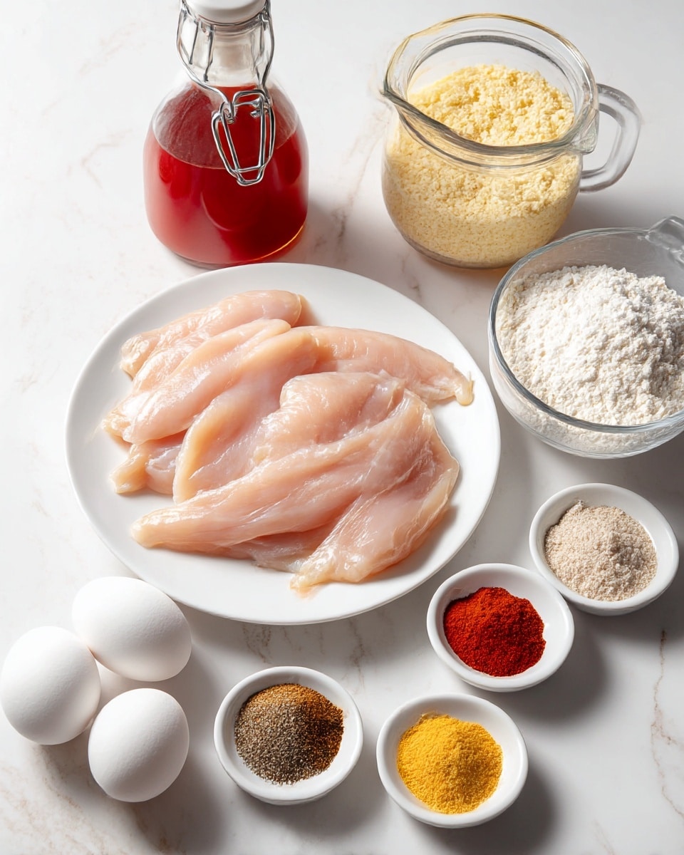 The image shows a white plate in the center with several raw chicken strips in pale pink color with a soft, smooth texture arranged close together. Around this plate, various ingredients are placed on a white marbled surface: a white bowl filled with pale yellow panko breadcrumbs on the right, a small white bowl with white flour next to it, another small white bowl at the bottom right containing five different spices – white salt, black pepper, yellow garlic powder, light beige onion powder, and reddish paprika – neatly divided in small piles. At the bottom left, there are two white eggs side by side. Going further up, a small white bowl on the left holds four spices – dark brown, orange-red, beige, and light brown powders. Behind this, a glass jar contains a golden brown liquid, likely honey or syrup. To the left of the jar, a white bottle with a metal clasp is filled with bright red sauce, and to the right of the jar, a clear glass measuring cup holds white buttermilk or milk. All items are arranged neatly with good lighting, and the photo was taken with an iphone --ar 4:5 --v 7