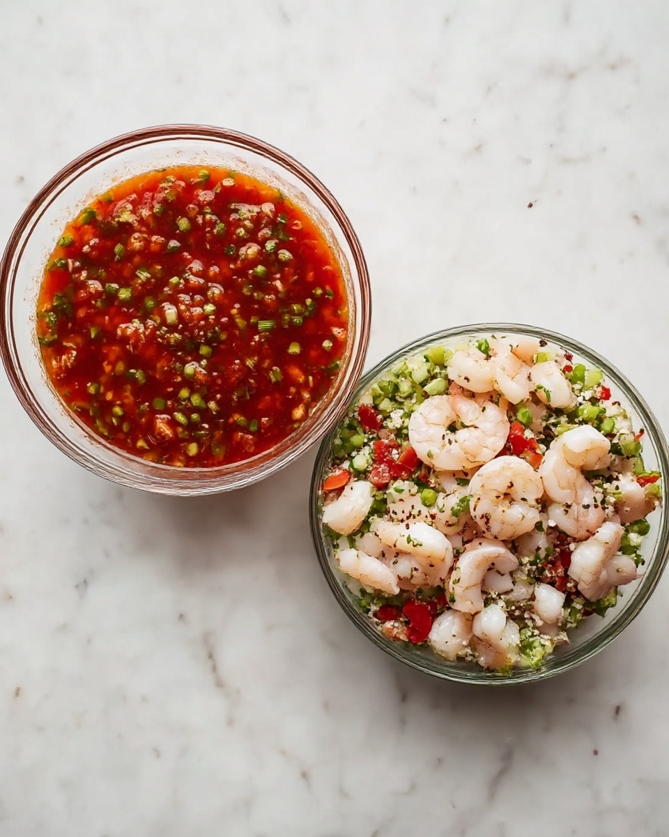 Two clear glass bowls sit side by side on a white marbled texture. The bowl on the left holds a layer of red sauce mixed with small green herbs floating on top, giving it a chunky texture. The bowl on the right contains several layers: a base of finely chopped green and white vegetables, scattered small red chunks, then a top layer of light pink shrimp spread evenly, all sprinkled with small bits of herbs and black seasoning, creating a colorful and fresh look. photo taken with an iphone --ar 4:5 --v 7