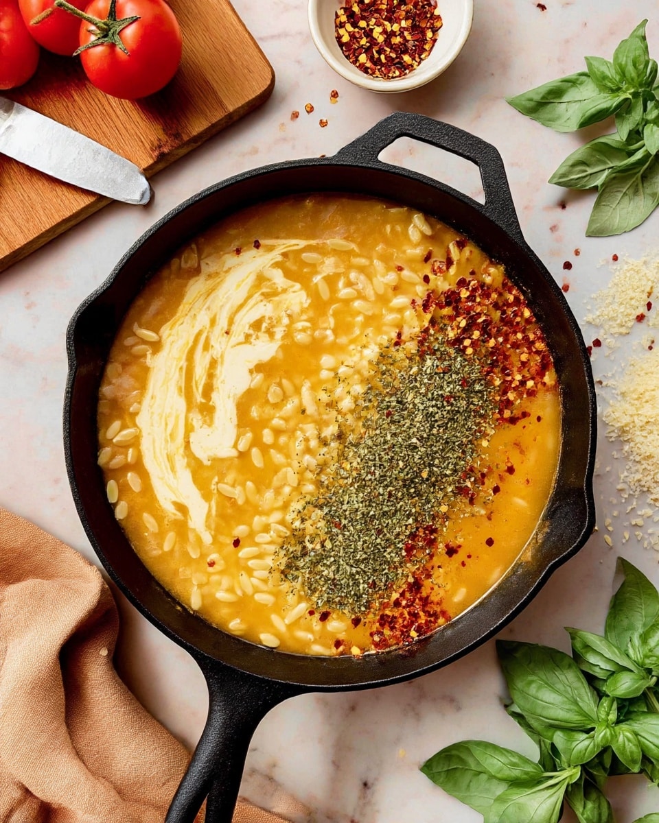 A black cast iron skillet sits on a white marbled surface with a rich soup inside, showing multiple layers: a light creamy swirl spreading from the left, small light yellow orzo pasta pieces on the right, and diced light brown onions scattered throughout the golden-brown broth. On top, a pile of dried green herbs mixed with red chili flakes creates a textured layer near the center-right of the soup. Around the skillet, there are fresh green basil leaves on the bottom right, a wooden cutting board with halved red tomatoes and a knife to the top left, and a small white bowl with red chili flakes and scattered Parmesan cheese pieces on the top right. A beige cloth is partially visible under the skillet’s handle. photo taken with an iphone --ar 4:5 --v 7
