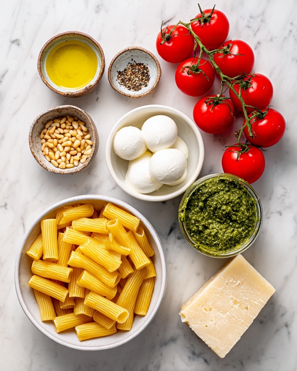 The image shows several ingredients placed neatly on a white marbled surface. At the bottom left, there is a white bowl filled with uncooked, yellow rigatoni pasta, with its tube shapes and ridged texture clearly visible. Above it to the center left is a white bowl containing smooth, round burrata cheese. To the upper left are three small rustic brown bowls, each containing pine nuts, extra virgin olive oil with a glossy yellow color, and a mix of salt and pepper. On the right side of the image, there are bright red tomatoes on green vines resting on the surface. Below the tomatoes, there is a small glass jar filled with vibrant green pesto, showing a slightly chunky texture. At the bottom right corner, a wedge of light beige Parmesan cheese with a rough surface is placed on the marble. The whole setup is clean and bright, and the photo looks like it was taken with an iphone --ar 4:5 --v 7