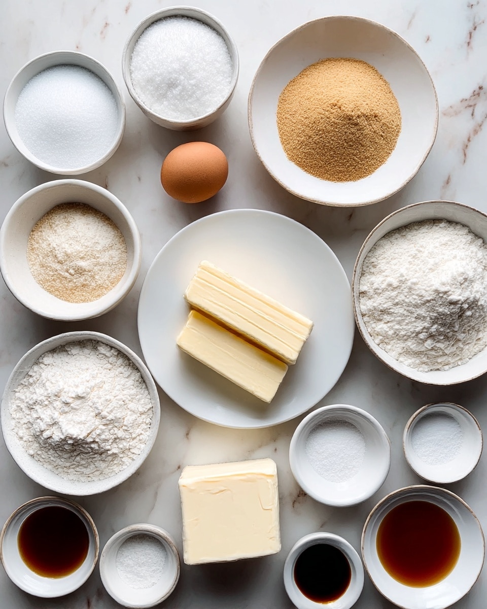 The image shows eleven small white bowls and plates arranged on a white marbled surface. Each container holds different baking ingredients: a white bowl with white granulated sugar, a small white bowl with a light brown egg, another with light brown sugar, a medium white plate with two sticks of pale yellow butter, a white plate with a block of white cream cheese, a small white bowl of white powdered sugar, another white bowl filled with white flour, and several tiny white bowls containing salt, baking powder, vanilla extract, and another brown liquid. All the ingredients are neatly placed and clearly visible from above. photo taken with an iphone --ar 4:5 --v 7