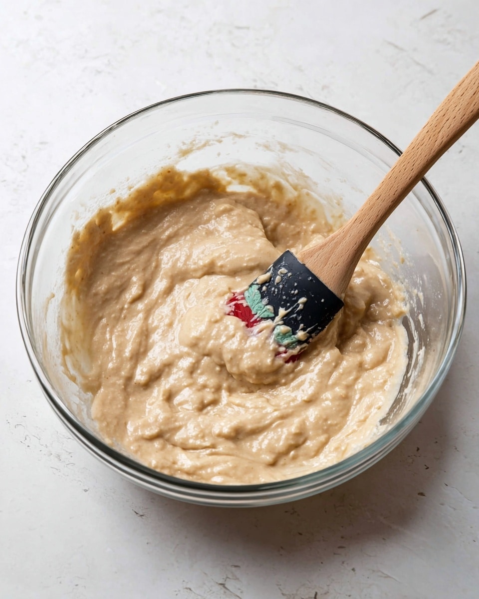 A clear glass bowl filled with a thick, creamy beige batter that has a slightly lumpy texture. A wooden spatula with a black silicone head that features a small red and green design rests in the bowl, partially covered in batter. The bowl sits on a white marbled surface. Photo taken with an iphone --ar 4:5 --v 7