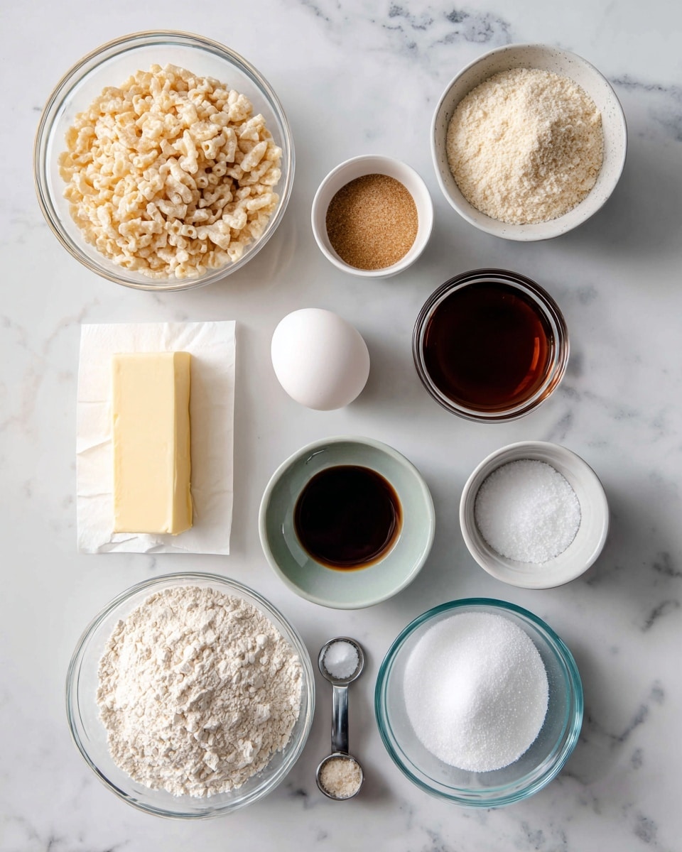 A top-down view of various baking ingredients arranged neatly on a white marbled surface. Starting from the top left, there is a transparent bowl filled with light beige Rice Krispies. Below it are two rectangular sticks of pale yellow butter on white paper. In the center, an egg with a smooth white shell rests beside a medium transparent bowl full of white flour. Above the egg is a small transparent bowl holding light brown sugar. Slightly to the right, a white bowl holds dark brown vanilla extract. Next to it is a tiny grey bowl filled with white salt. Below these, a larger transparent bowl is filled with fine white granulated sugar. To the far right, a small silver cup contains white baking soda. All bowls and ingredients are spaced evenly, and the lighting highlights the soft textures and gentle colors. Photo taken with an iphone --ar 4:5 --v 7