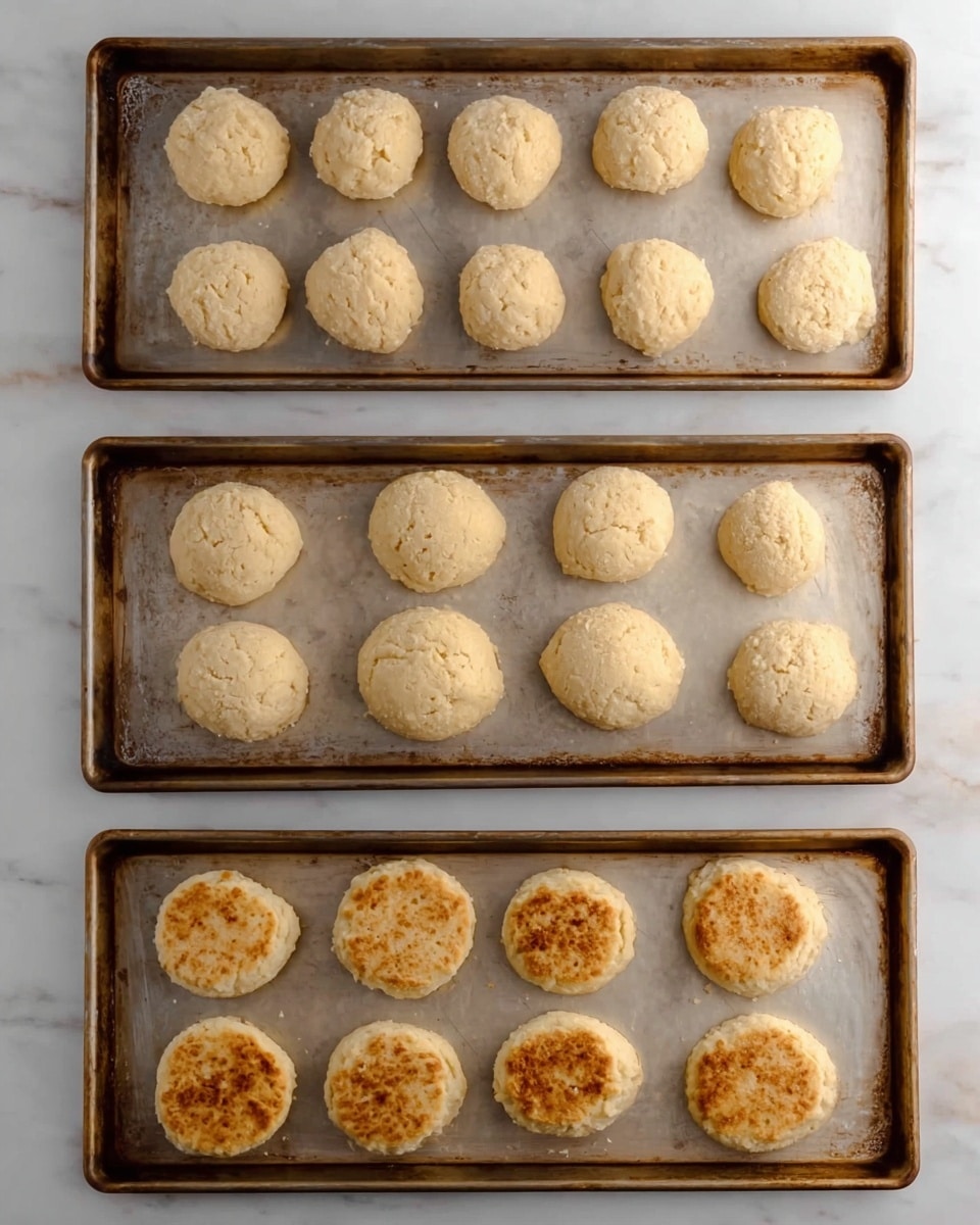 The image shows three metal baking trays on a white marbled surface. Each tray holds six round dough balls arranged in two rows of three. The first tray shows the dough balls as small, rough balls with a pale tan color and a slightly lumpy texture. The second tray shows the dough balls after baking, expanded into larger, flat circular biscuits with a light golden-brown color and a soft, crumbly texture. The third tray shows the same baked biscuits, now more evenly browned on top with a smooth surface and slightly crispy edges, while retaining their soft center. The trays and biscuits are centered in the image. photo taken with an iphone --ar 4:5 --v 7