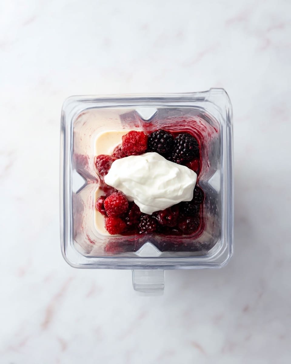 A clear blender container is shown from above, placed on a white marbled surface. Inside the blender, there are three visible layers: at the bottom, light beige liquid; in the middle, a mix of frozen berries with deep red, dark purple, and black colors; on top, a dollop of thick, white yogurt. The layers show a mix of smooth and textured elements with bright and dark colors. Photo taken with an iphone --ar 4:5 --v 7