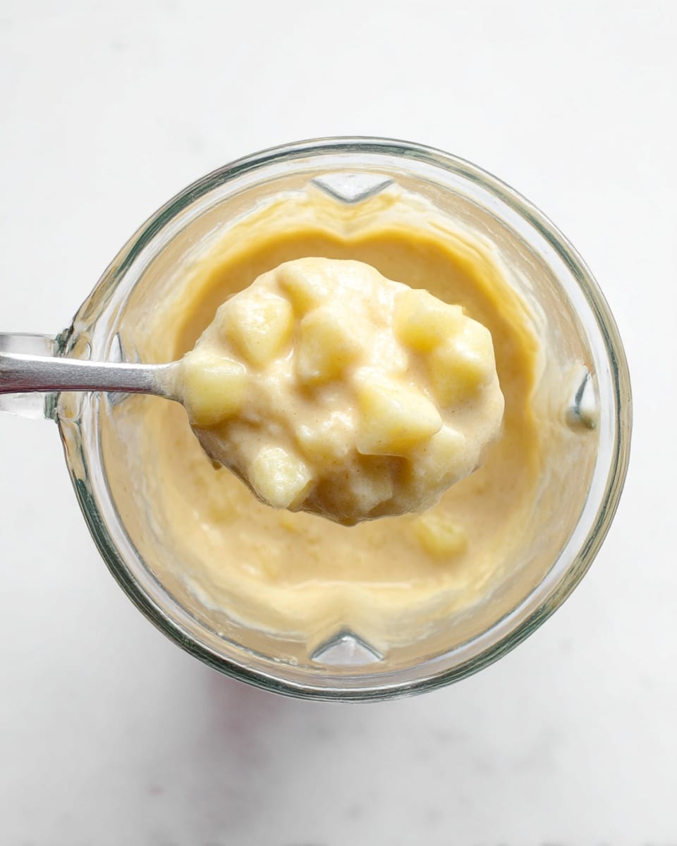 A clear glass measuring cup filled with a creamy light beige batter mixed with small, uneven chunks of pale yellow apple pieces. The batter looks smooth but thick, coating the apple pieces evenly. The texture of the apples is firm and visible through the batter's surface. In the second part of the image, a silver spoon holds a scoop of the batter with apple chunks close to the camera, showing the creamy and chunky mix in detail. The whole scene is set on a white marbled surface. photo taken with an iphone --ar 4:5 --v 7