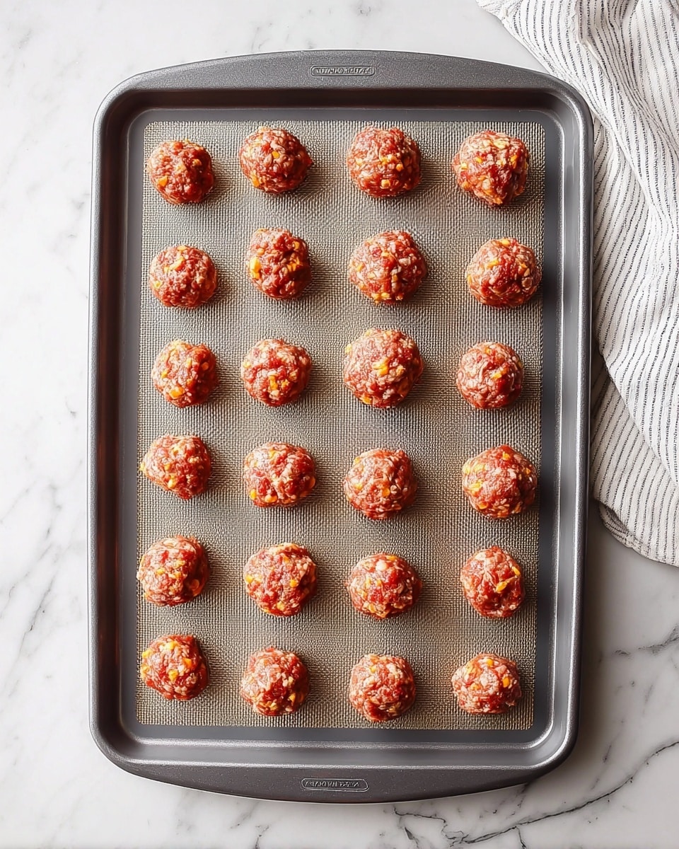 There is a dark gray rectangular baking tray with a silicone mat inside, holding 24 evenly spaced uncooked meatballs. Each meatball is round and textured with visible small orange and white bits inside the reddish meat mix. The tray is placed on a white marbled surface, and a white and gray striped cloth is partly visible on the top right corner. The photo is taken from above, showing the uniform layout of the meatballs. photo taken with an iphone --ar 4:5 --v 7