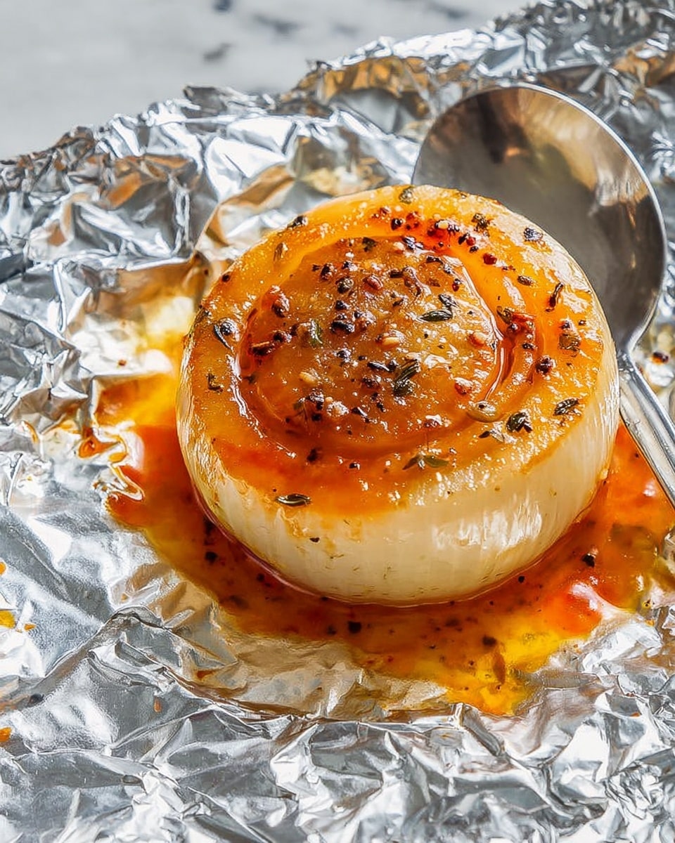 A single large onion is sliced into a thick round layer with a slightly translucent white color. It’s topped with a glossy, rich orange sauce that has visible black pepper and herbs scattered on top. The onion rests on crinkled, shiny silver foil that catches the light with bright reflections and creases all around. The sauce pools slightly under the onion, adding vibrant color contrast. A silver spoon sits partially under the onion near the bottom right side. The photo is taken on a white marbled surface photo taken with an iphone --ar 4:5 --v 7