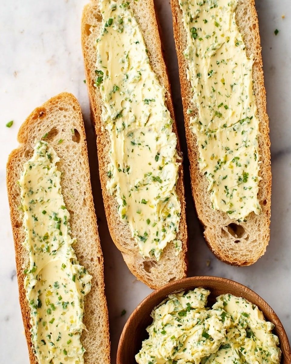 Four long slices of light brown bread are placed side by side on a white marbled surface. Each slice is spread evenly with a creamy, pale yellow herb butter that has visible green specks of herbs mixed throughout. The texture of the bread shows small air pockets, and the herb butter is smoothly spread but with some textured ridges. In the bottom right corner, there is a small round wooden bowl filled with more herb butter. The photo taken with an iphone --ar 4:5 --v 7