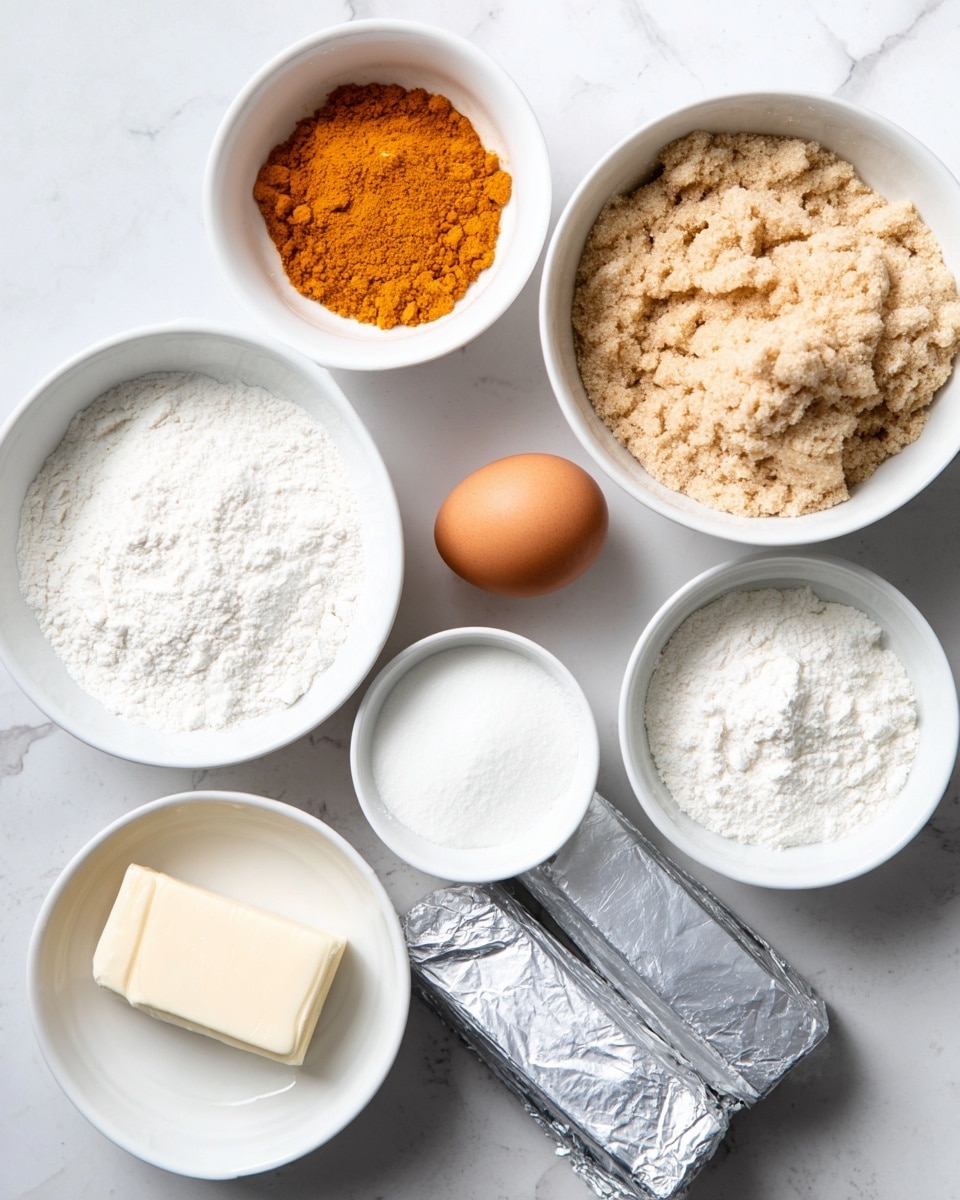 The image shows an arrangement of baking ingredients on a white marbled surface. There are seven white bowls and containers plus one egg and a wrapped stick of butter. The top left bowl contains a bright orange powder, which looks like cinnamon. The large bowl at top right has light brown sugar with a crumbly texture. Below it is a whole brown egg resting beside the white wrapped stick of butter, placed diagonally. At bottom right is a silver foil-covered square of cream cheese. Other containers include one with white granulated sugar, a bowl with white flour, and another smaller bowl with white powdered sugar, as well as a bowl with white baking powder or soda. All these ingredients are spaced evenly in a top-down layout. Photo taken with an iphone --ar 4:5 --v 7