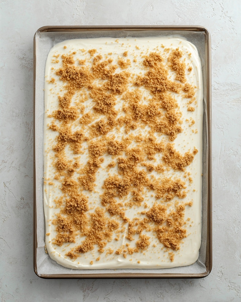The image shows a large rectangular baking tray lined with parchment paper, holding a single layer of creamy, smooth white mixture spread evenly across it. On top of this white layer, there is a scattering of light brown, crumbly pieces that add texture and contrast. The crumbs are spread unevenly but cover most of the surface. The baking tray sits on a white marbled textured surface. photo taken with an iphone --ar 4:5 --v 7