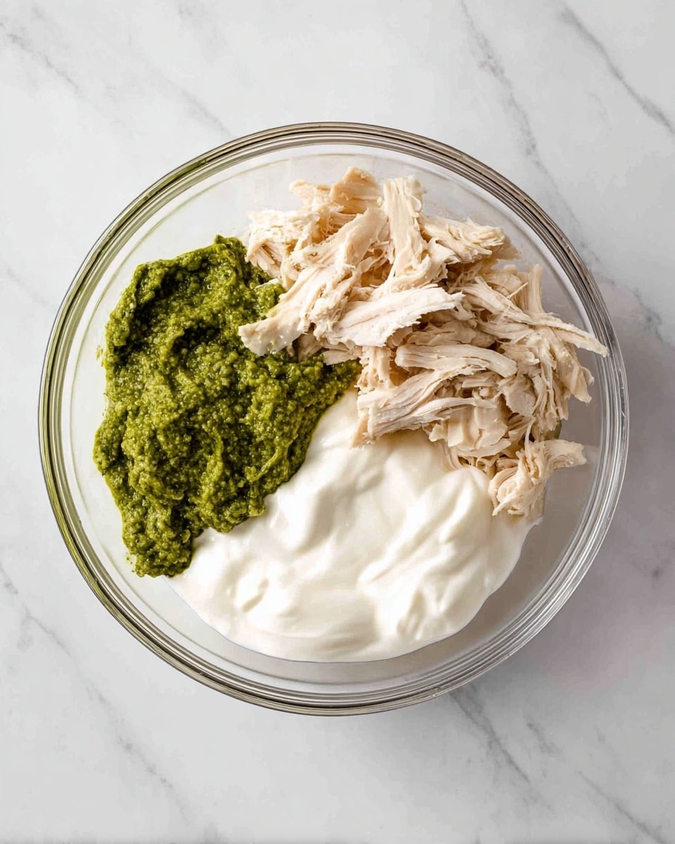 A clear glass bowl on a white marbled surface holds three separate layers of ingredients. One layer is light beige shredded chicken placed on the top right side. Next to it on the top left side is a thick, vibrant green pesto with a slightly chunky texture. Below both, filling the bottom part of the bowl, is a smooth, creamy white layer of Greek yogurt. The ingredients are unmixed and clearly divided in the bowl. photo taken with an iphone --ar 4:5 --v 7