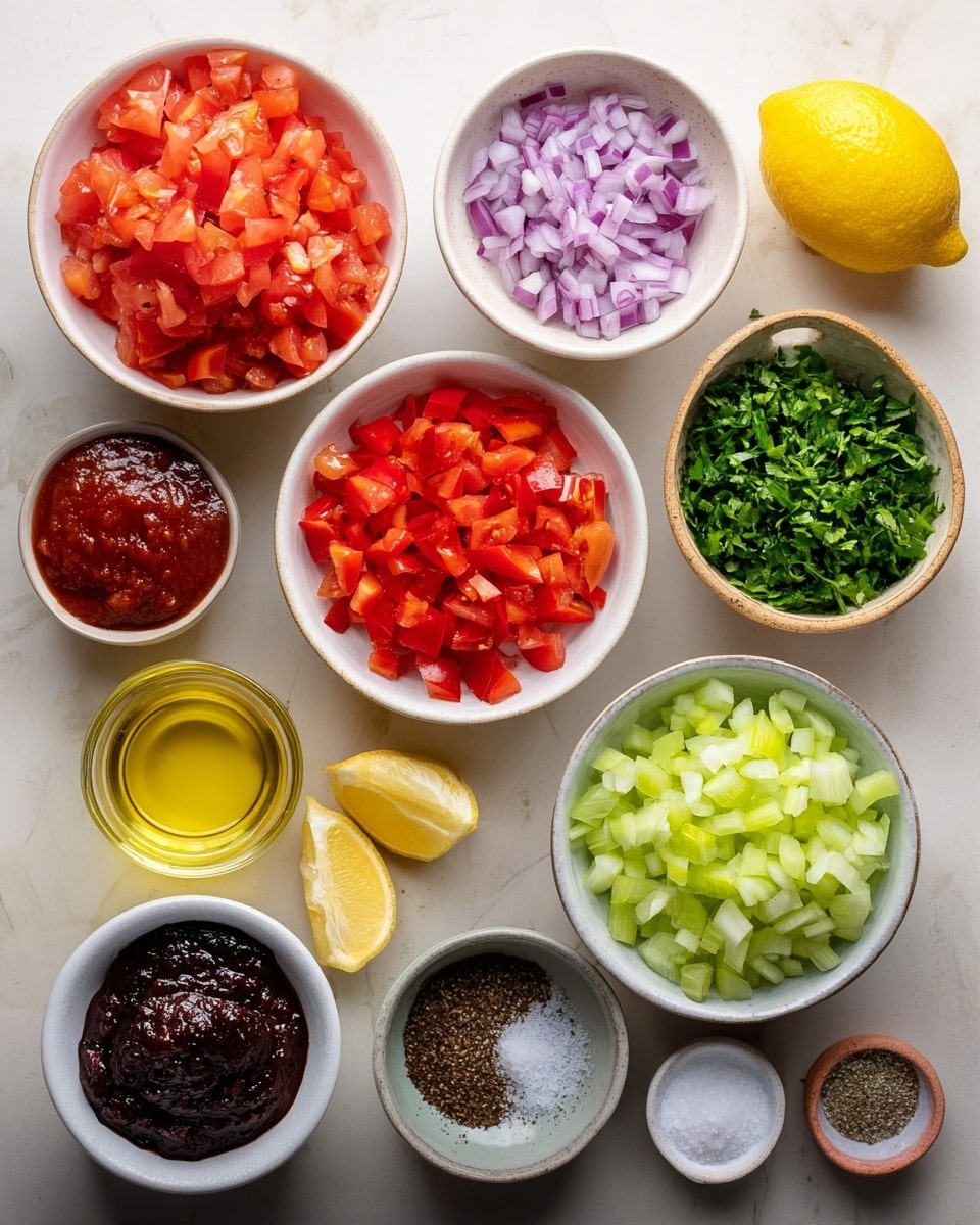 The image shows a top view of nine small white bowls arranged on a white marbled surface, each filled with different finely chopped ingredients. From the top left, there are bright red chopped tomatoes with a juicy texture, next to them on the right is a bowl of small diced purple onions. Below the tomatoes is a bowl with dark red thick sauce, and next to it, a small bowl of dark shiny paste. In the center is a bowl of chopped red bell peppers, and to its right is a bowl filled with fresh green chopped herbs. Below the herbs is a bowl with pale green chopped celery or cucumber. A halved bright yellow lemon and lemon wedge are placed near the top right, along with a glass of golden yellow oil. At the bottom left, another bowl contains clear yellow oil, and a small bowl of coarse white salt sits at the bottom right. A tiny bowl with crushed black pepper and salt is near the middle bottom. Photo taken with an iphone --ar 4:5 --v 7