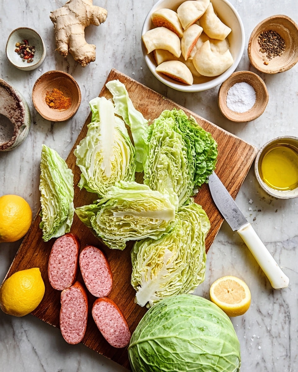 The image shows a wooden board on a white marbled surface with chopped green cabbage placed in the center in thick and thin layered pieces, next to a knife with a white handle on the right side of the board. At the bottom of the board, there are thick slices of reddish-brown smoked sausage with a pink interior. A whole green cabbage and two halved yellow lemons rest near the bottom right corner of the board. Above the board, there is a white bowl filled with small crescent-shaped dough pieces. Surrounding the board, there are small bowls containing coarse salt, cracked black pepper, and ground spices, along with a small glass container of golden olive oil. Photo taken with an iphone --ar 4:5 --v 7