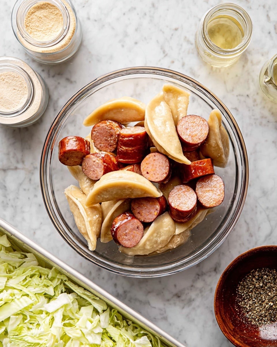 A clear glass bowl filled with two main layers: thick pieces of sliced sausage that are reddish-brown with a shiny texture, and 7-8 light beige, half-moon shaped dumplings scattered among the sausage. The bowl is placed on a white marbled surface. To the top left of the bowl, there are two small clear jars with beige powder inside and a small clear bottle with a light yellow liquid. To the bottom left of the frame, there is a white tray filled with shredded pale green cabbage. A small brown dish with black pepper is visible at the bottom right corner. Photo taken with an iphone --ar 4:5 --v 7