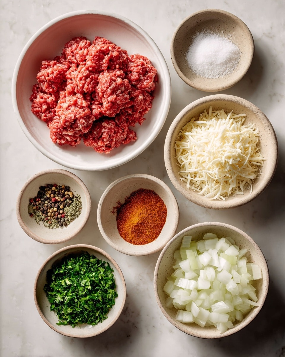 A white bowl filled with bright red ground meat sits at the top left, next to a beige bowl with a soft pile of shredded white cheese at the top right. Below the cheese are two small beige bowls; one with white salt mixed with black and white peppercorns, the other filled with fine red chili powder. In the center is a small beige bowl of orange-brown spice powder. At the bottom left, a white bowl holds chopped green herbs, while the bottom right has a beige bowl packed with diced white onions. A small beige bowl containing white salt is placed below the orange-brown spice. All bowls are arranged neatly on a white marbled background. Photo taken with an iphone --ar 4:5 --v 7
