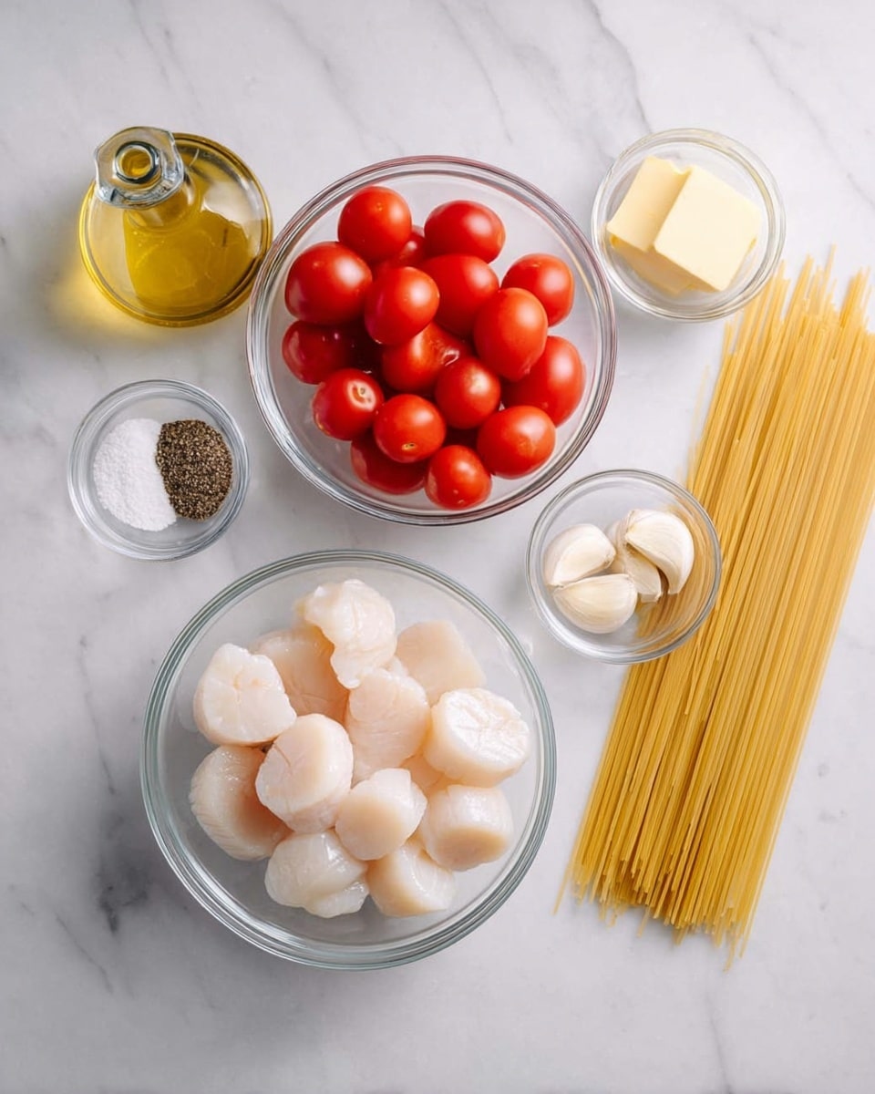 The image shows a top view of clear glass bowls and ingredients arranged neatly on a white marbled surface. In the center bottom is a large glass bowl filled with raw scallops, pale and smooth with a soft pinkish-white color. To the right of it, there is a small bowl holding a square piece of light yellow butter. Above the butter, bright red cherry tomatoes fill a medium-sized glass bowl, shiny and round. To the left of the tomatoes is a small bowl containing white salt and black pepper, the salt piled and the pepper scattered. Below that bowl, a tiny bowl holds two cloves of garlic, smooth and light in color. On the far left side, there is a clear glass bottle with golden olive oil inside. On the right edge of the image lie dry, uncooked spaghetti noodles, long and straight, pale yellow in color. All items are placed against the white marbled surface, creating a clean and bright setup. photo taken with an iphone --ar 4:5 --v 7