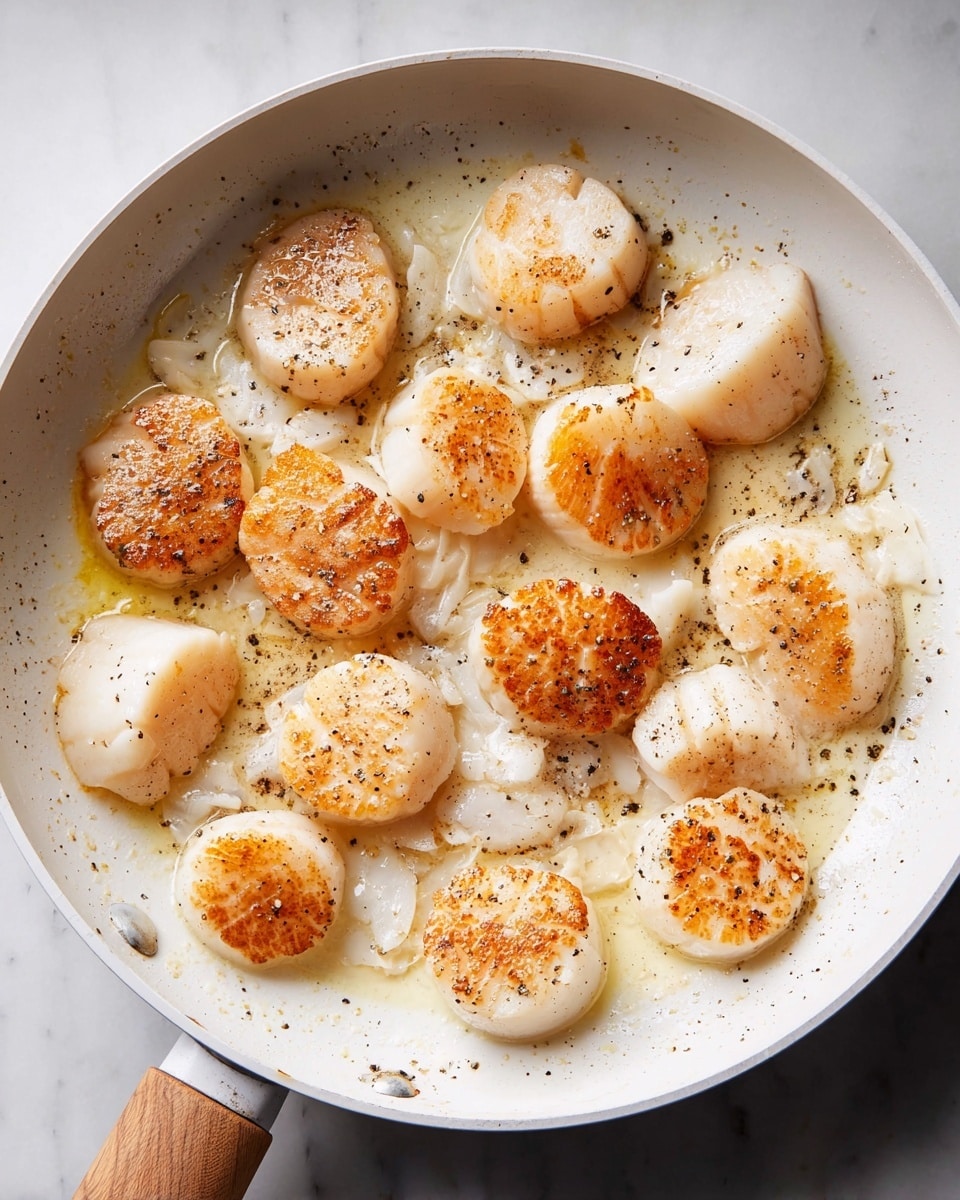 A white pan filled with about fifteen scallops, each seared to show a light golden brown crust on top, arranged randomly with some overlapping. The scallops are in a shallow pool of melted butter, which has a slightly creamy, off-white color with light brown specks of seasoning, mostly black pepper. The pan handle is wooden, and the background is a white marbled surface. The scene is lit softly from above, emphasizing the warm tones of the seared scallops and the glossiness of the butter. Photo taken with an iphone --ar 4:5 --v 7