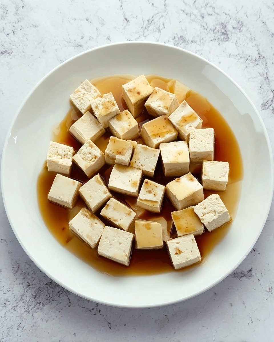 In the image, there is a white plate filled with several small cubes of tofu that are off-white in color with a slightly uneven, soft texture, and light brown soy sauce pooled at the base. The tofu cubes are scattered across the plate in no particular pattern, sitting evenly on the sauce which has a glossy appearance. The plate is placed on a surface with a white marbled texture. Photo taken with an iphone --ar 4:5 --v 7