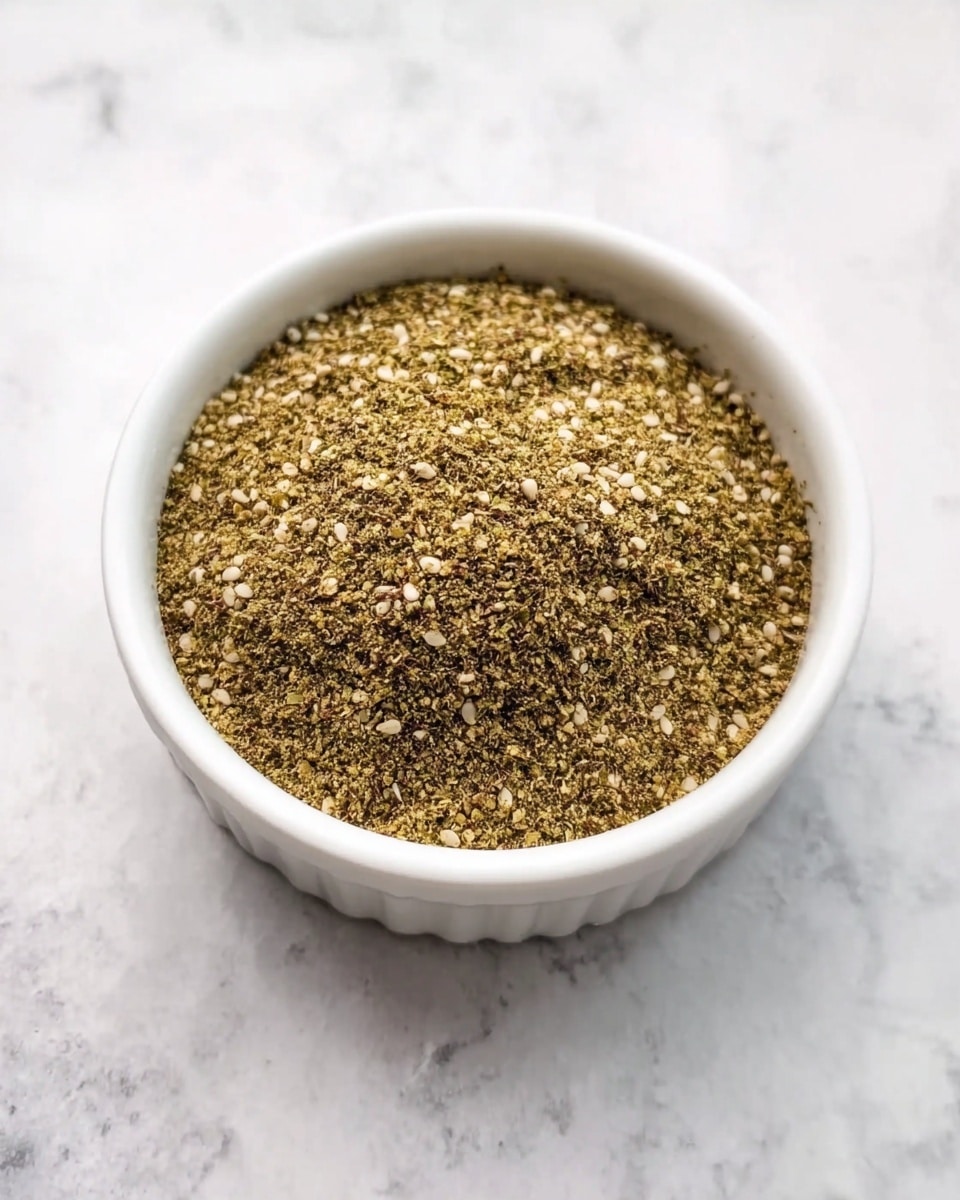 A small white ceramic bowl filled with a finely ground mix of spices and seeds. The spice mix is mostly greenish-brown with visible light tan sesame seeds scattered evenly throughout, giving it a slightly coarse texture. The bowl is placed on a white marbled surface which shines softly around it. The spice mixture fills the bowl nearly to the top with a flat surface. photo taken with an iphone --ar 4:5 --v 7